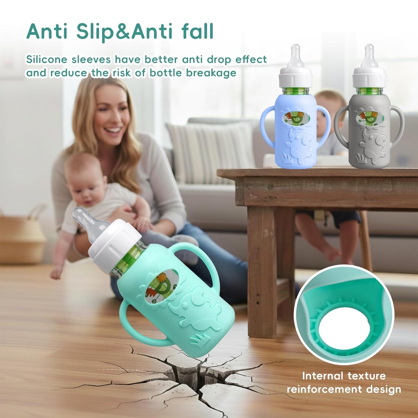 3-Pack Silicone Bottle Sleeve with Handles for Dr. Brown’s 4oz Narrow Glass Baby Bottles – BPA-Free, Heat-Resistant, Anti-Slip Grip, Easy to Clean, Multiple Colors (4oz,Green + Blue + Gray)