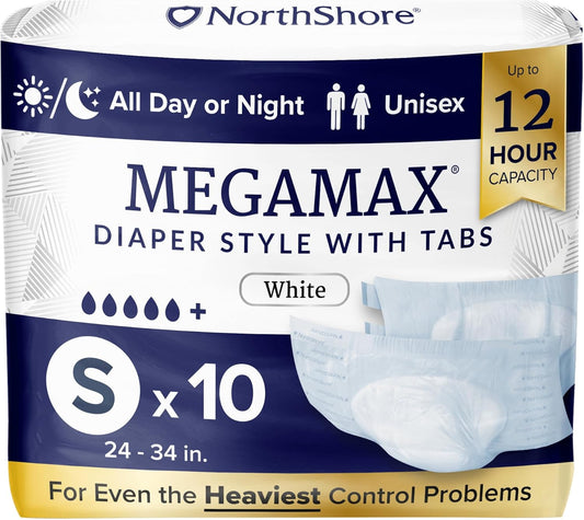 NorthShore MegaMax Adult Overnight Diapers, 12-Hour Tab-Style, Small, 10 Count Bag, White, 24-34 inches, Unisex Incontinence Underwear