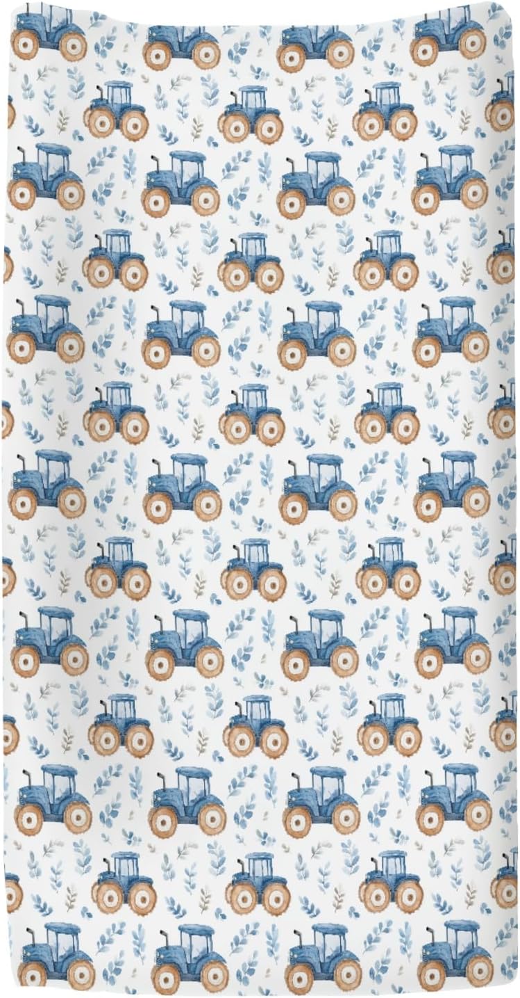 Watercolor Blue Tractors Baby Changing Pad Covers for Boy Girl Farm Tractors Boho Leaves Fitted Change Table Mats Farm Life Soft Diaper Change Table Cover Sheets for 32''×16'' Contoured Pad