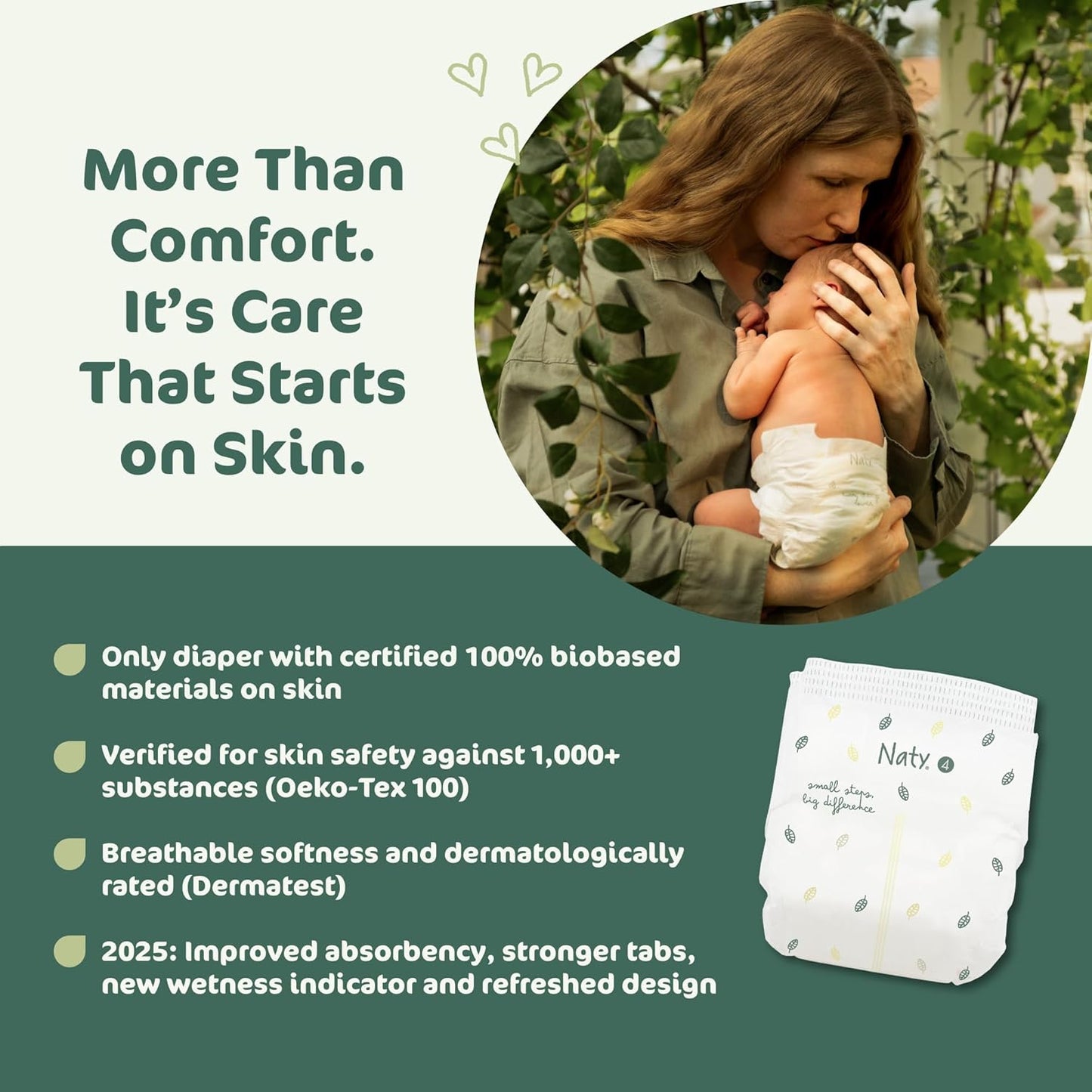 Naty BioEmbrace Baby Diapers Size 4 (15–40 lbs) | 100% Biobased on Skin | Plant-Based Softness | Dermatologically Tested, Super Absorbent | 88 Count