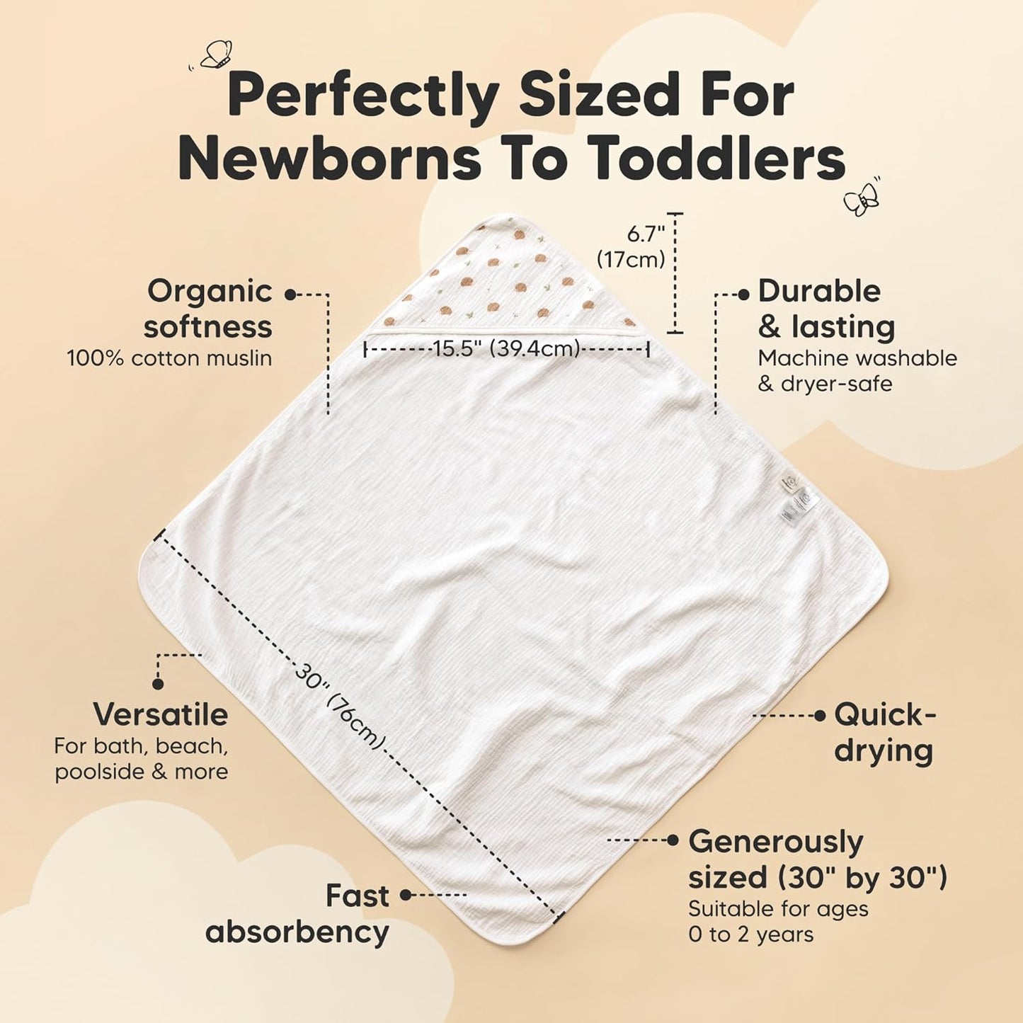 KeaBabies Muslin Baby Bath Towels with Hood for Girls, Boys -Large Organic Cotton Hooded Baby Towels for Newborns,Toddlers,Infant,Kids,Soft Absorbent Newborn Bath Essentials Gift Set(Bruce, Petite)
