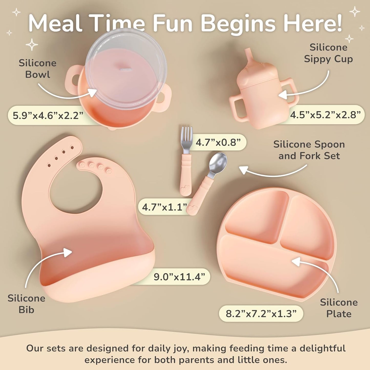 mimi & kiki BPA-Free Silicone Baby Feeding Set, Baby Plates and Bowls Set, Baby Led Weaning Supplies, Silicone Suction Plate, Baby Utensils, Bib and Cup, Self Feeding, Dishwasher Safe (Light Pink)