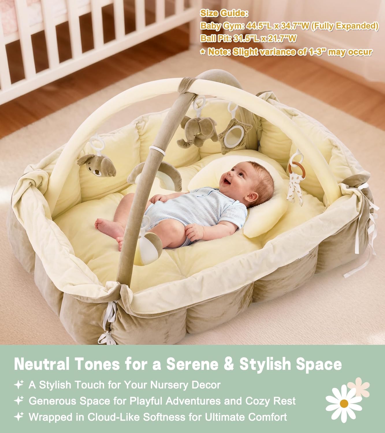 5-in-1 Baby Play Gym and Tummy Time Mat, Tummy Time Pillow & 12 Learning Cards, Plush Activity Mat with 6 Toys, Baby Gym, Convertible to Ball Pit & Pet Bed, Baby Gift, Cream
