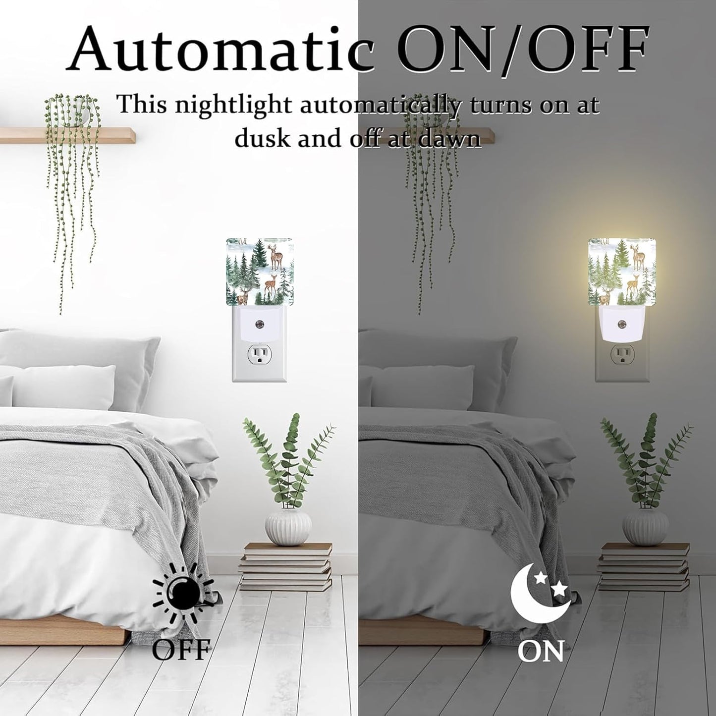 Winter Deer and Snowy Forest Night Light for Kids,Christmas Pine Trees Deer Night Light Plug in with Dusk to Dawn Sensor,0.5w Energy Saving Nightlight for Hallway Stairway Kitchen Bedroom