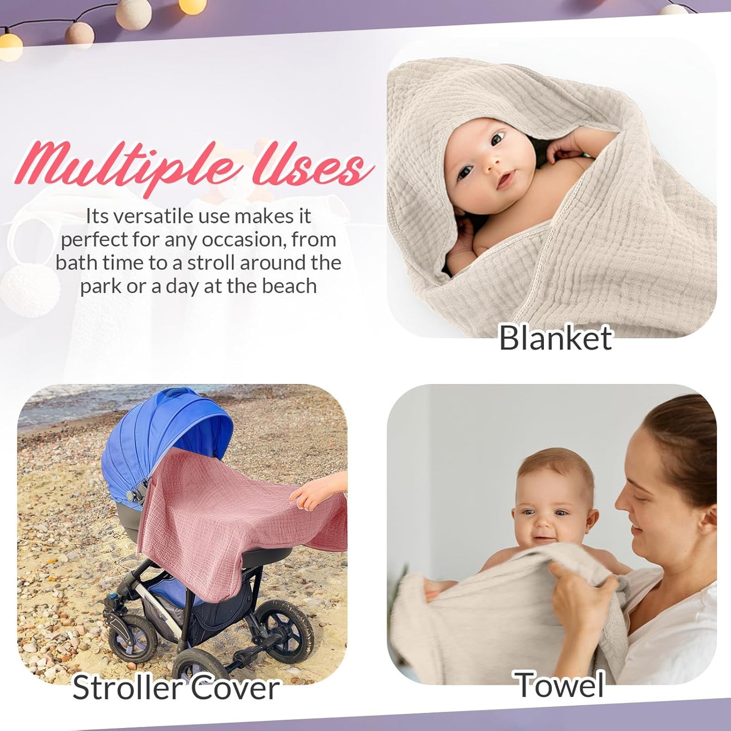 6 Pcs Muslin Hooded Bath Towels Washcloths and Bibs Set, Muslin Cotton Baby Towels Absorbent Hooded Blanket Towel Infant Bibs for Boys Girls Newborn Infant Essentials(Pink, Brown)