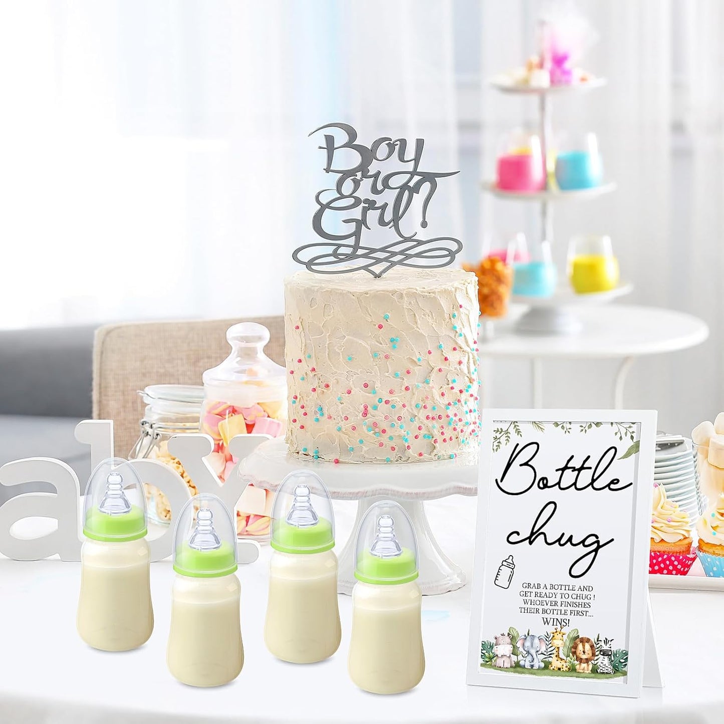 Roowest Bottle Chug Baby Shower Game Favors Including Safari Animals Theme Wooden Sign and 18 Pcs Baby Bottles for Gender Reveal Party Supplies