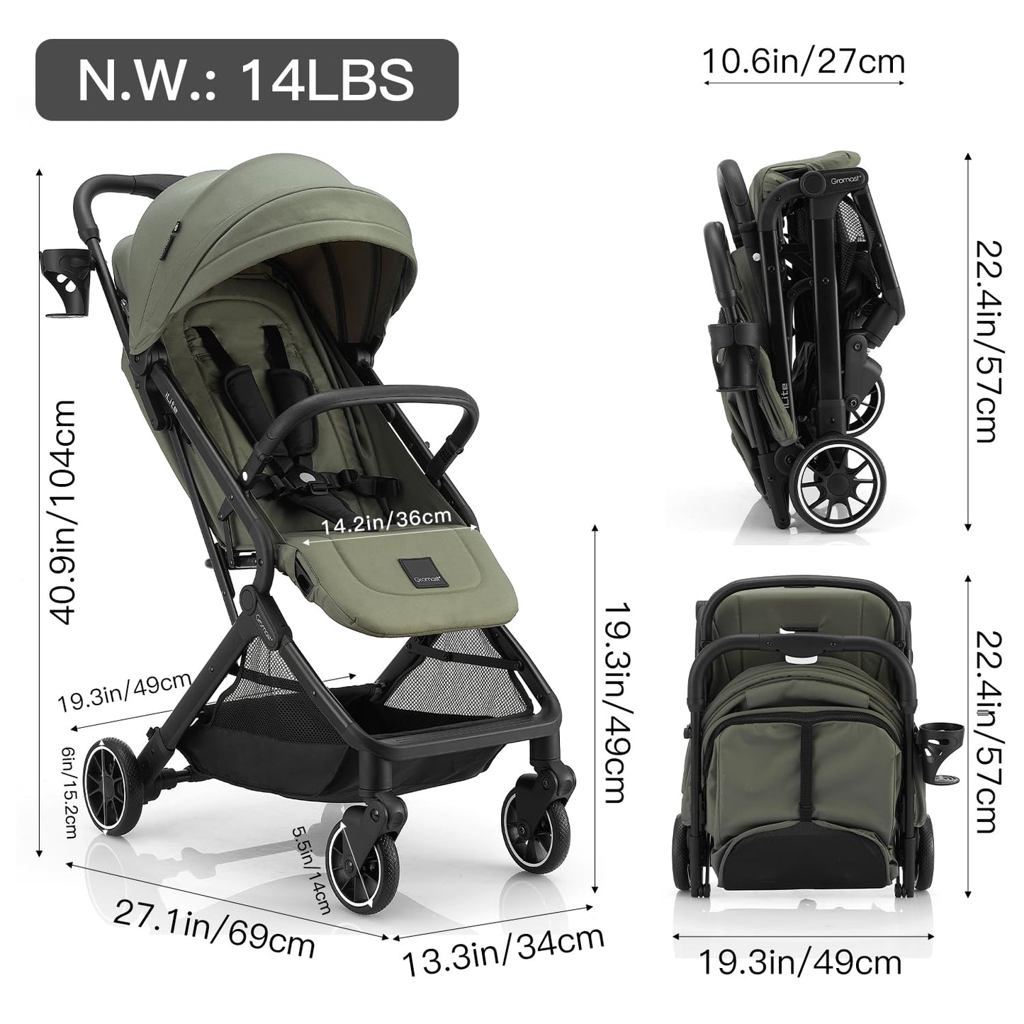 Compact Fold Baby Stroller, Lightweight Travel Toddler Stroller with One-Click Fold, Extendable UPF50+ Canopy, Cup Holder, UV Protected and Waterproof, One-Hand Folding - Green