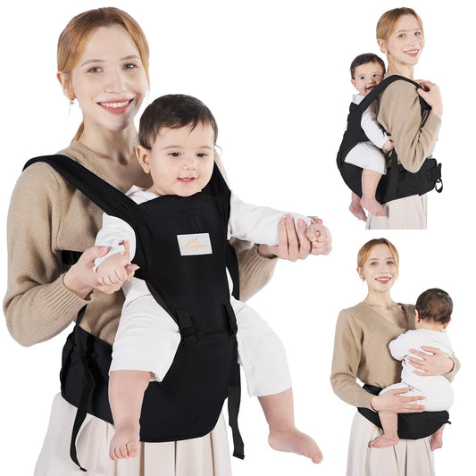 Baby Carrier with Hip Seat, 6-in-1 Baby Carrier Newborn to Toddler, Detachable Hands-Free Infant Carrier, One Size Fits All, All Seasons, Black