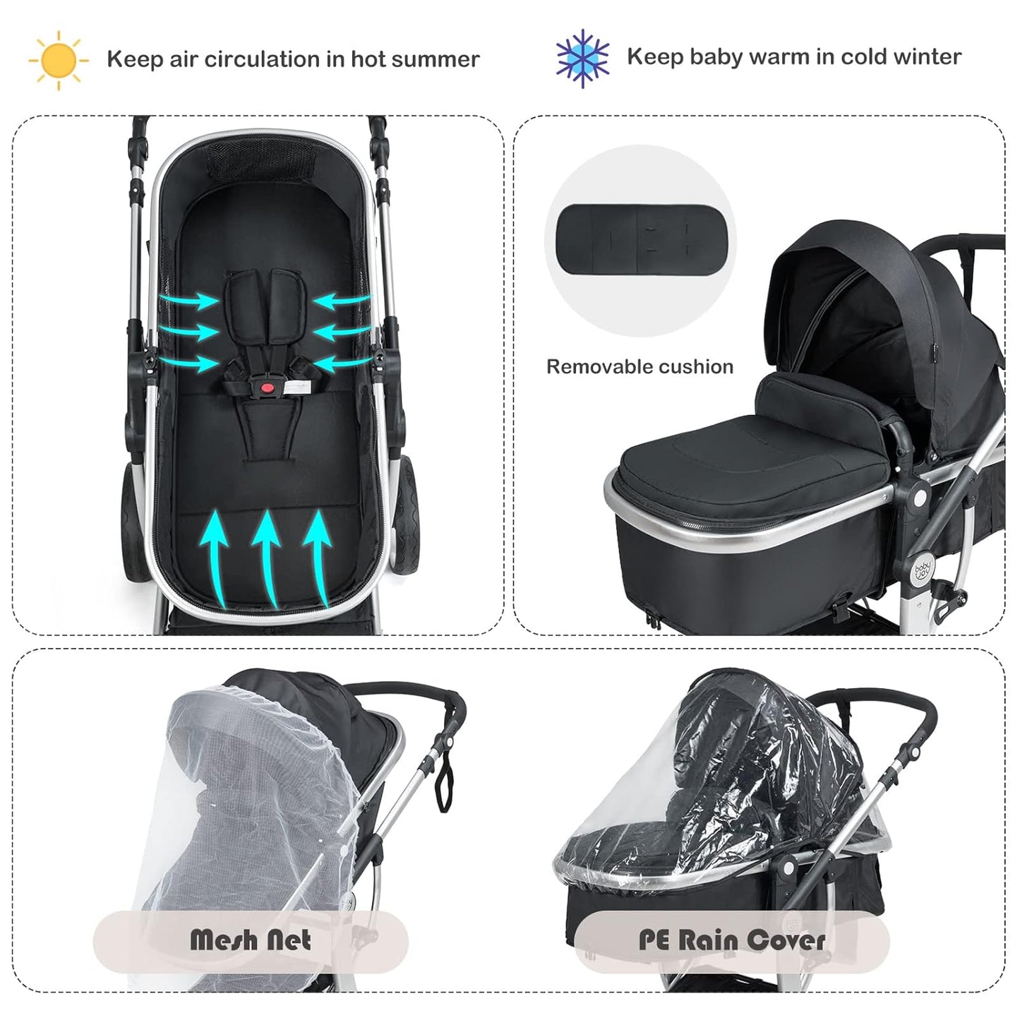 BABY JOY 2-in-1 High Landscape Baby Stroller, Reversible Bassinet Reclining Stroller, Foldable Push Chair w/Adjustable Canopy, Storage Bag, Foot Cover, Rain Cover & Net, Aluminum Alloy Frame (Black)