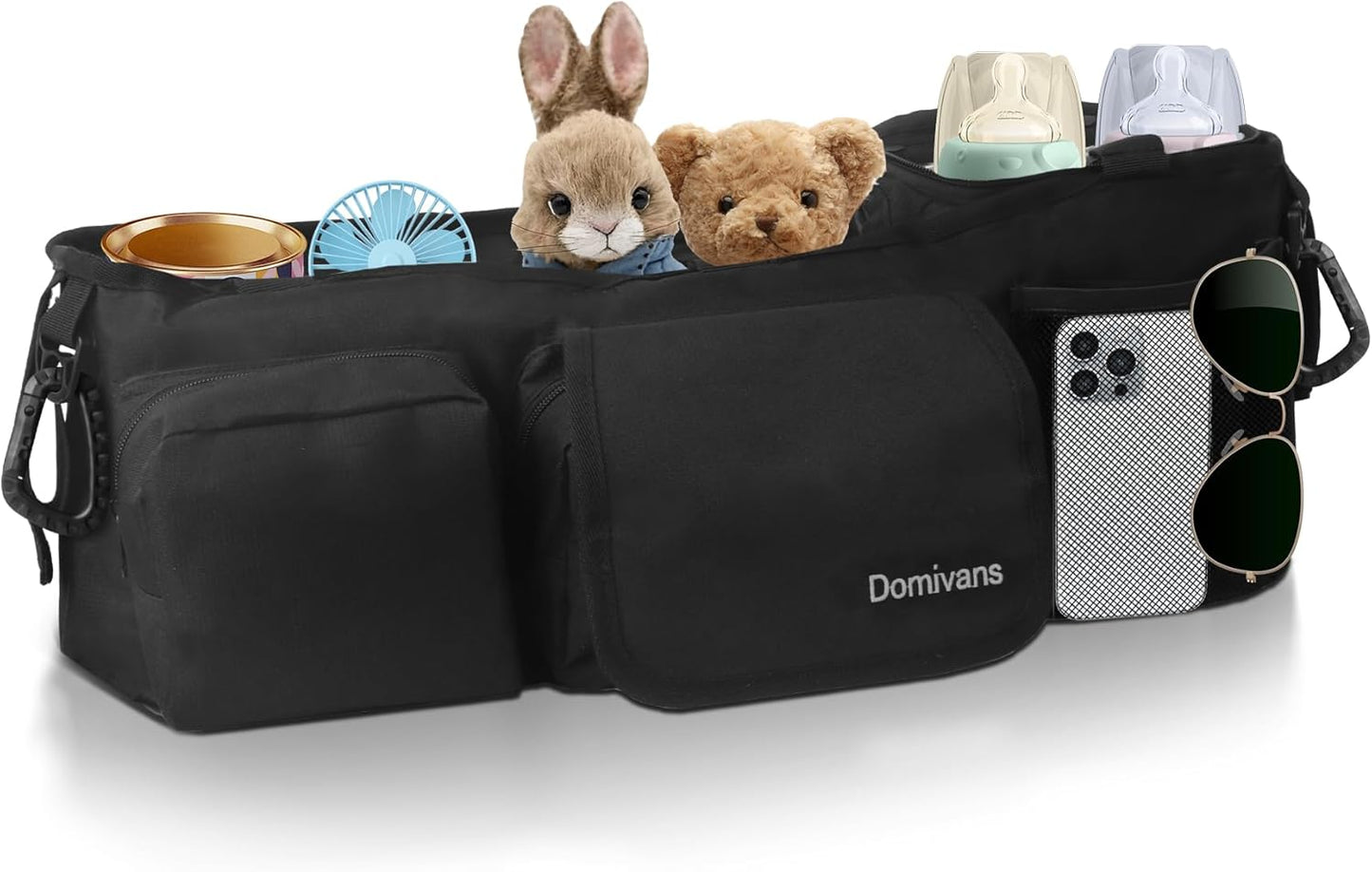 Double Stroller Organizer,Double Stroller Caddy for Bob Duallie and Baby Jogger City Mini GT2,Extra Large Double Baby Stroller Accessories with Cup Holder,Black(Empty Bag)