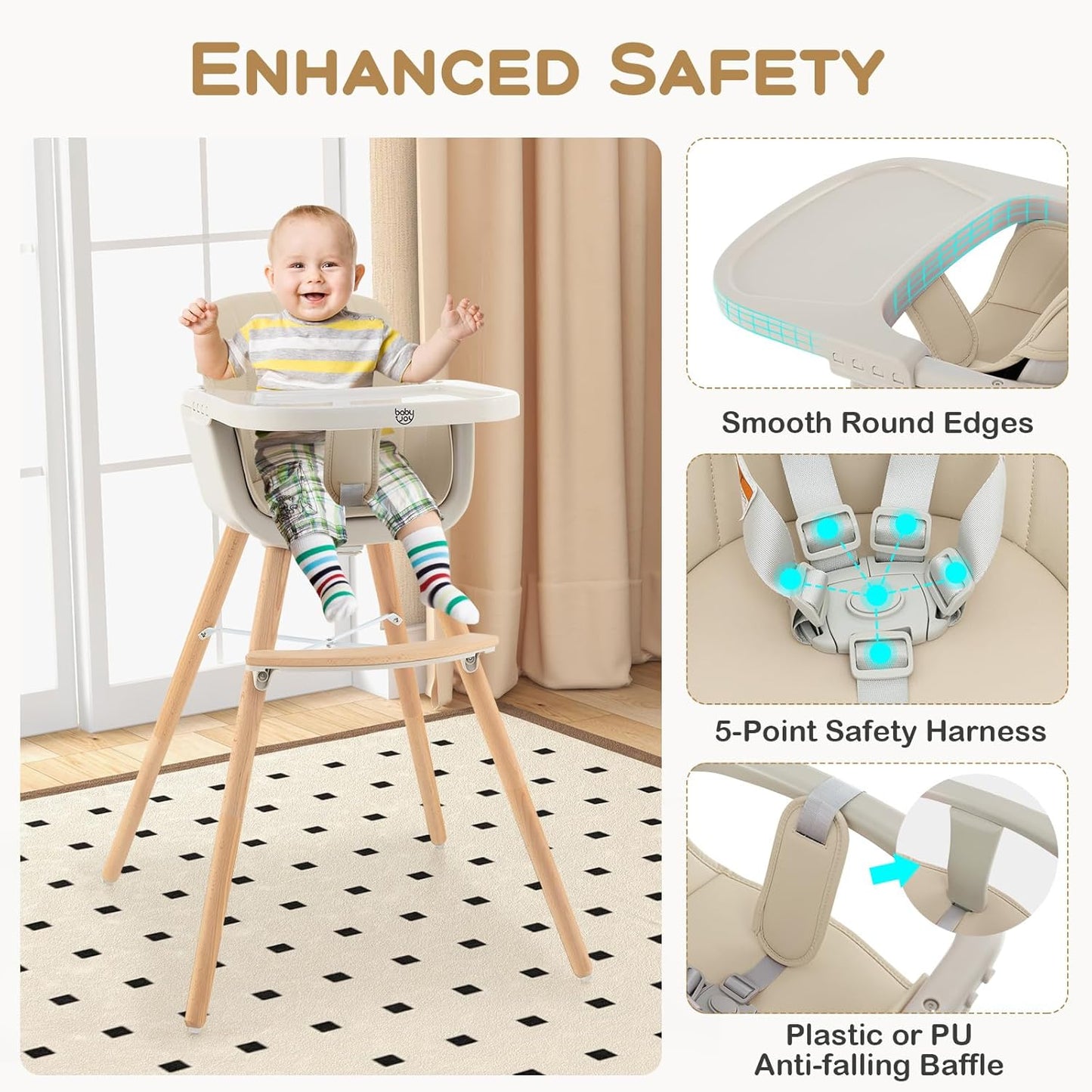BABY JOY Convertible Baby High Chair, 3 in 1 Wooden Highchair/Booster/Chair with Removable Tray, Adjustable Legs, 5-Point Harness, PU Cushion and Footrest for Baby, Infants, Toddlers (Beige)