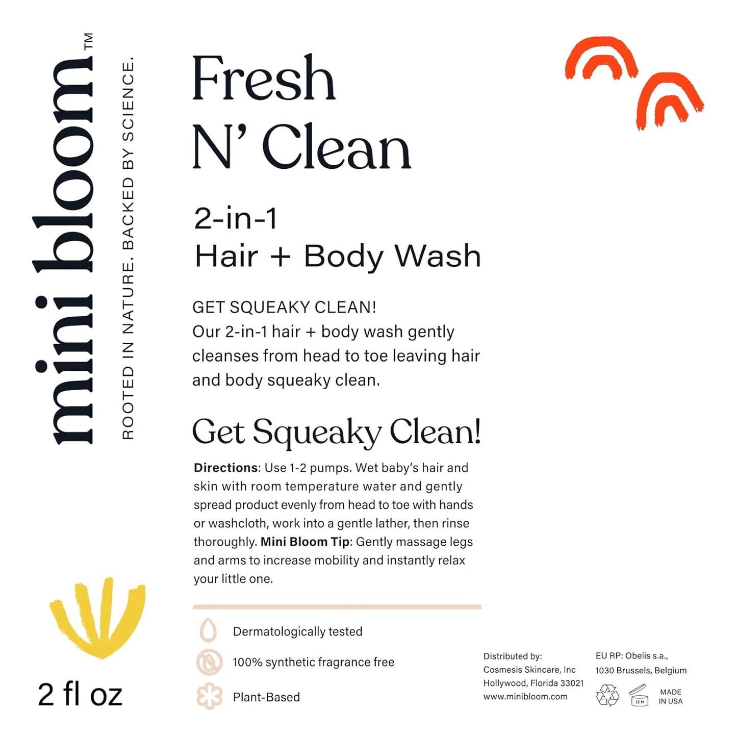 Mini Bloom Fresh N’ Clean 2-in-1 Hair + Body Wash Shampoo Sulfate-Free Baby & Kid Safe Aloe leaf, Chamomile extract, Lavender & Botanicals - Travel Size