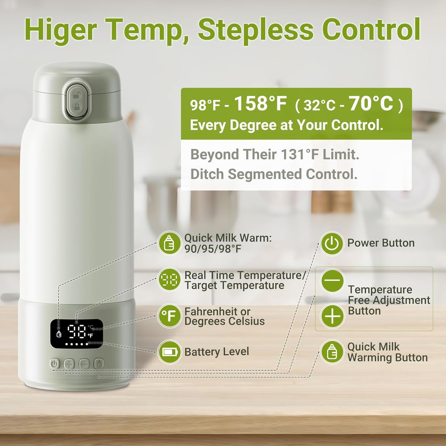 Portable Milk Warmer, 17oz Large Capacity Bottle Warmer for Baby, Fast Heating for Breast Milk & Formula & Water, Long Battery Life Portable Bottle Warmer for Travel with Pasteurization