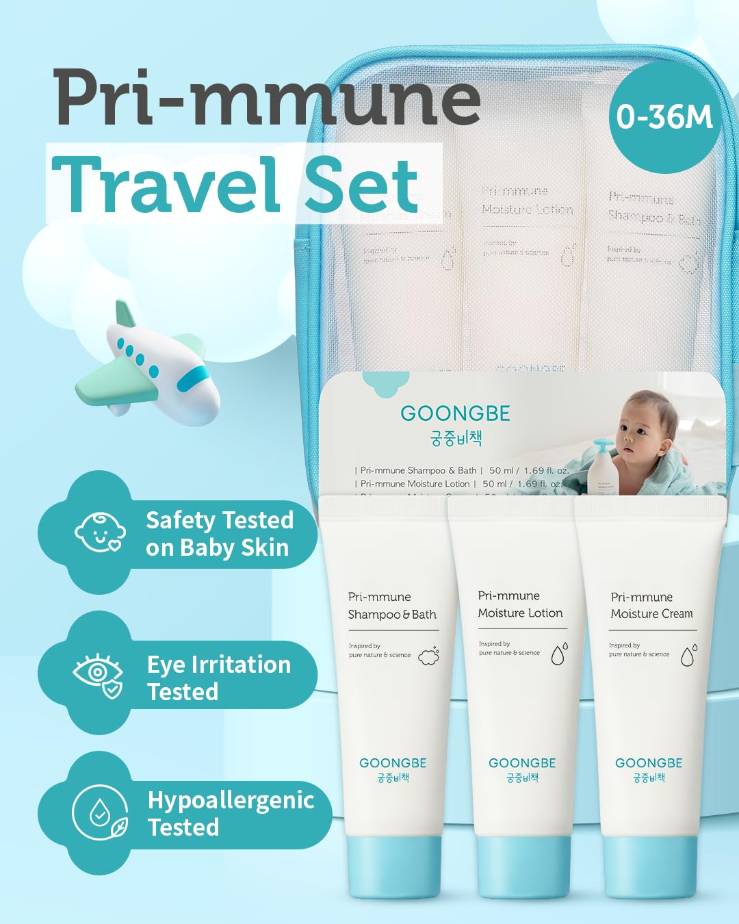GOONGBE Baby Skincare Travel Set - Korean Baby Skincare & Bath Time Essentials - Shampoo & Bath, Moisutre Lotion, Cream - Hydrating & Nourishing, 3 Items
