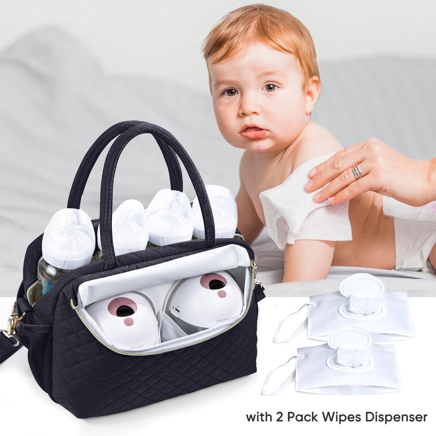 Breastmilk Cooler Travel Bag with 2pcs Wipes Dispensers and Ice Pack - Baby Bottle Cooler for 6 Bottles Up to 9 Ounce