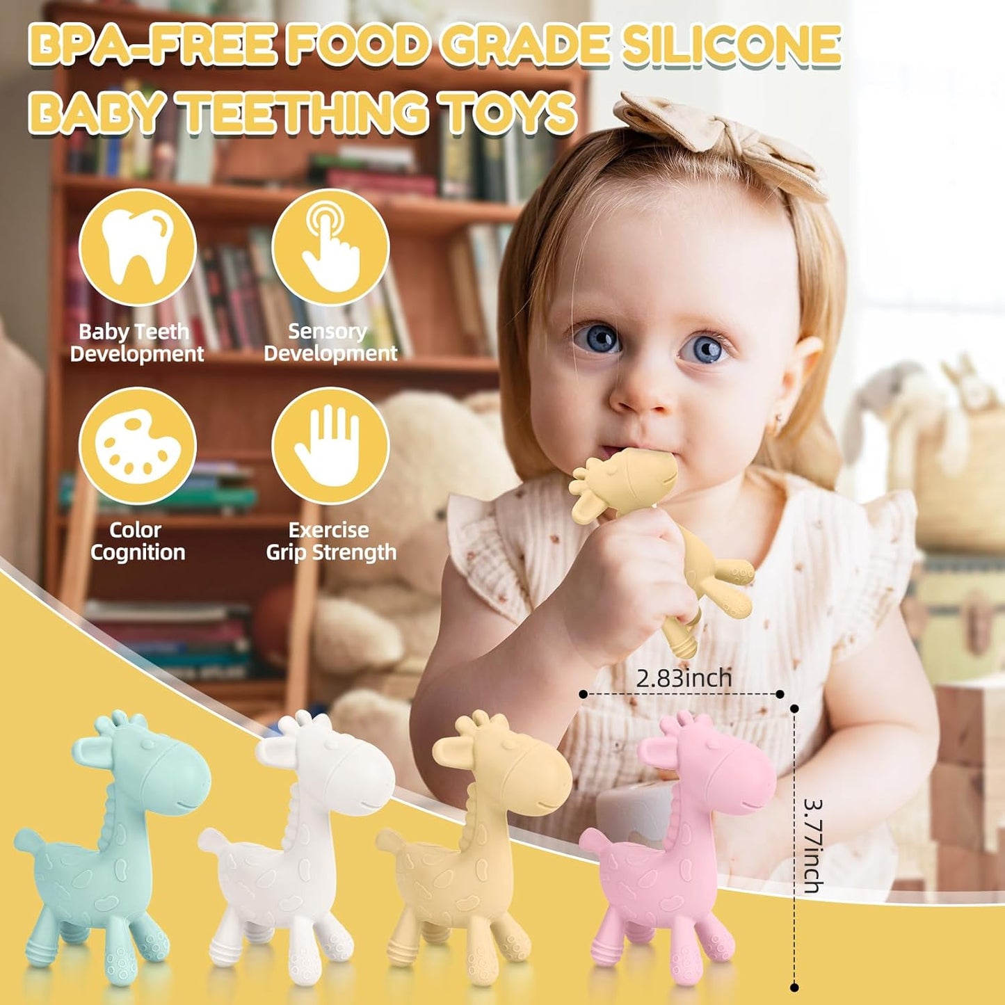 TYRY.HU Baby Teething Toys for Babies 0-6 6-12 Months,BPA Free Silicone Giraffe Teethers for Babies 3-6 months, Soft Chew Toys for Sore Gum, Montessori Sensory Toys Gifts for Infant Boys Girls, 4 Pack