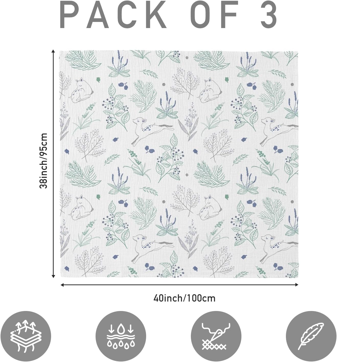 Muslin Swaddle Blankets for Newborn, 3 Pack Breathable Soft Receiving Blanket, Large 38 x 40 inches Swaddle Wrap Burping Clothes Diapers, Essentials Infant Shower Items, Toddler Gift (Fawn & Leaves)