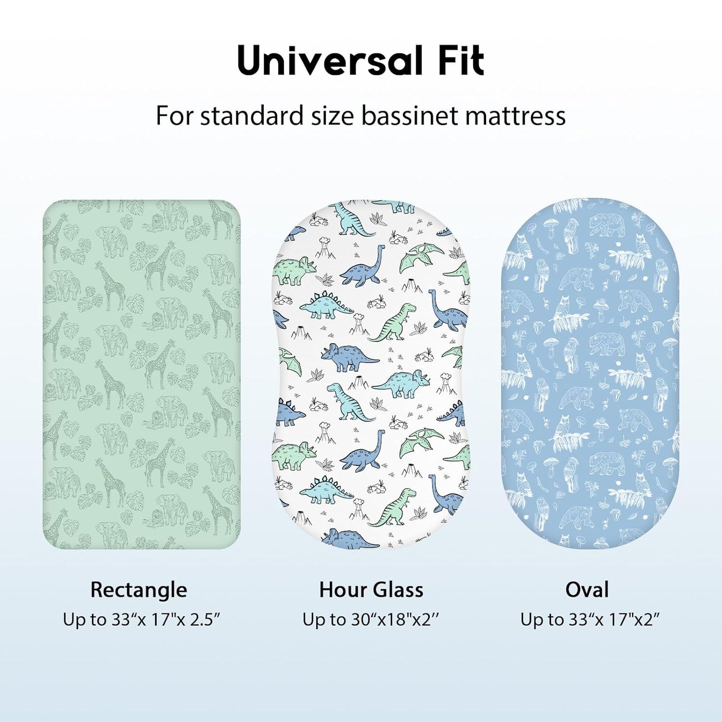 Baby Bassinet Sheets Girl Boy, Fitted Bassinet Sheet Set 3 Pack Bassinet Mattress Sheets Universal Fit for Rectangle, Round, Oval, Hourglass Mattress, Soft Breathable Green & Blue Dinosaur