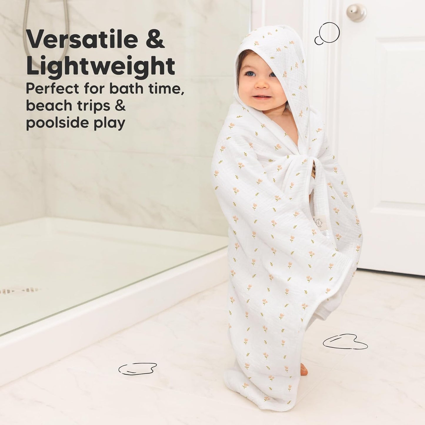 KeaBabies Muslin Baby Bath Towels with Hood for Girls, Boys -Large Organic Cotton Hooded Baby Towels for Newborns,Toddlers,Infant,Kids,Soft Absorbent Newborn Bath Essentials Gift Set(Tulips, Petite)