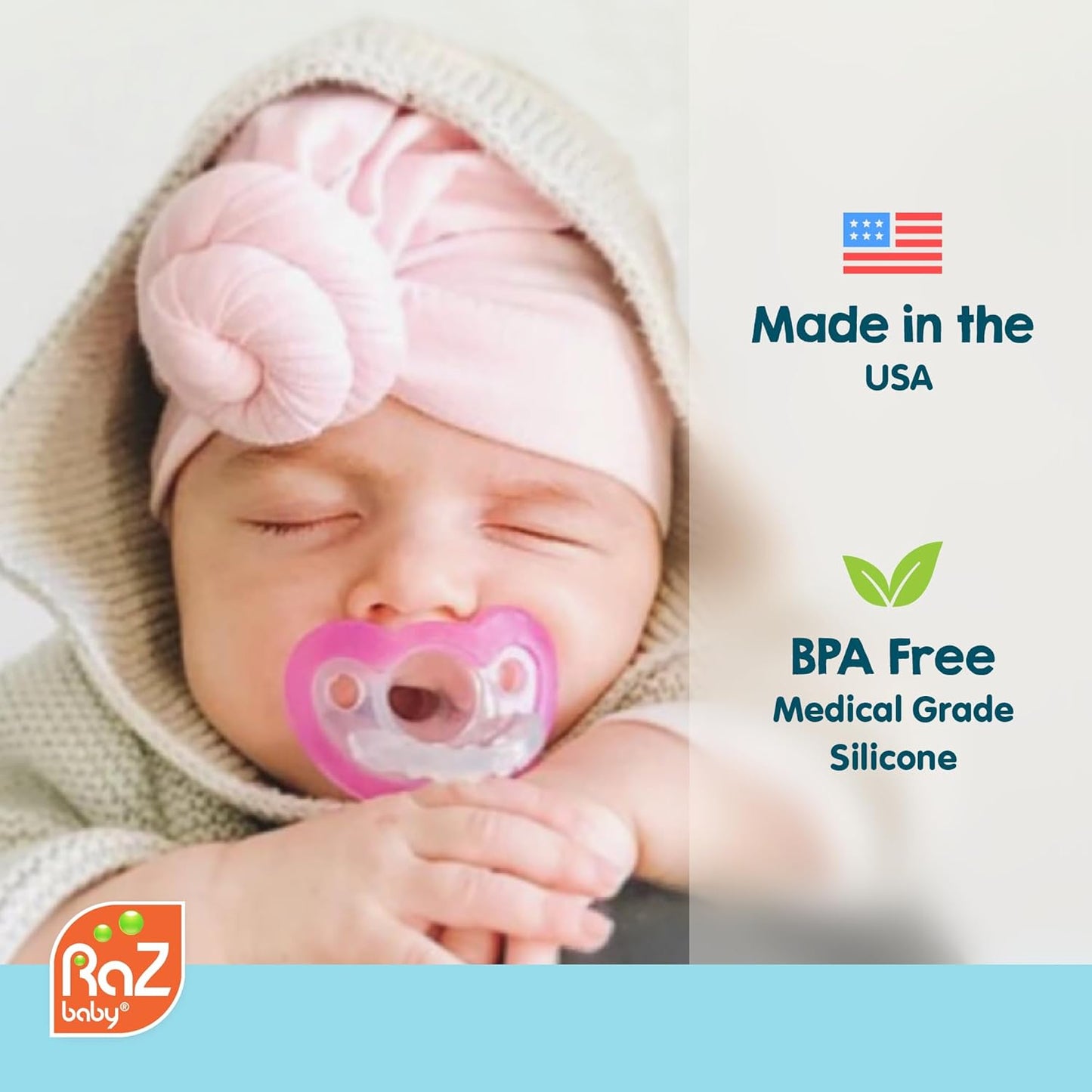 RaZbaby JollyPop Pacifier, Holder w/Detachable Baby Pacifier, Stuffed Animal RaZbuddy, All Ages 0M+, 100% Medical Grade USA Made Silicone, Machine Washable, Textured & Easy to Hold – Monkey