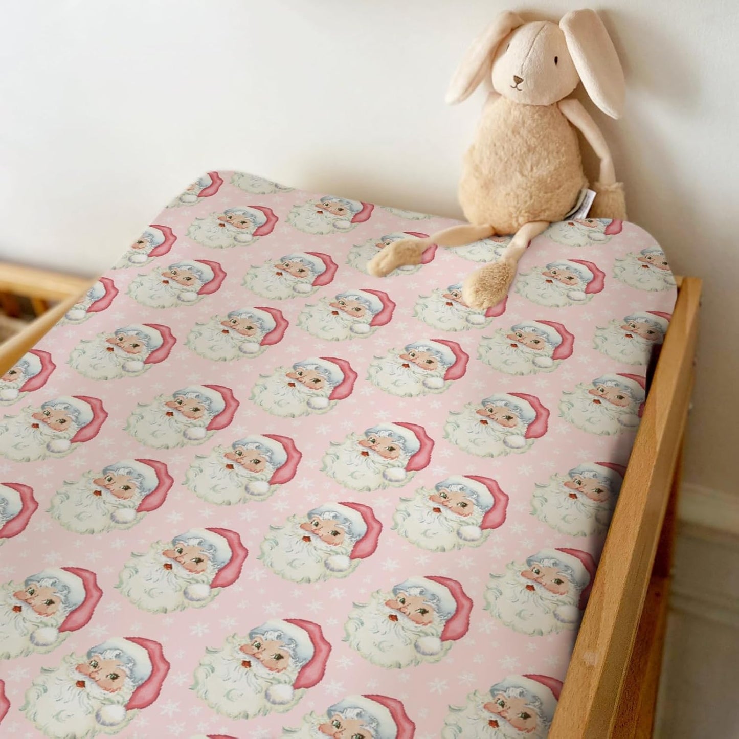 Vintage Christmas Santa Claus Snowflakes Baby Changing Pad Covers for Boys Girls Pink Santa Fitted Changing Table Cover Mats Winter Holiday Festive Soft Diaper Change Table Cover Sheets 32''×16''