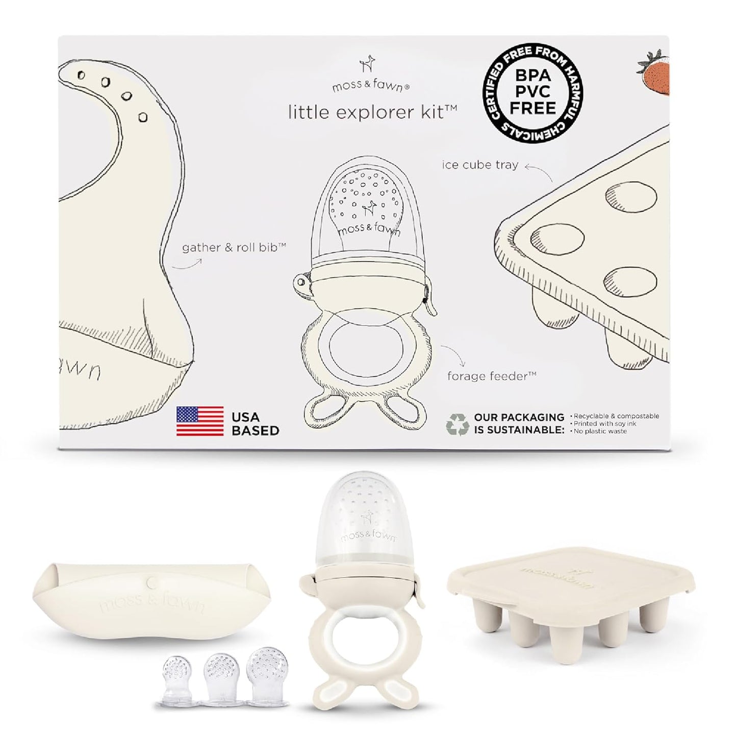 Moss and Fawn Little Explorer Kit - Silicone Frozen Breast Milk Popsicle Kit with Forage Feeder, Teething Popsicle Ice Cube Tray, & Gather & Roll Baby Feeding Bib - BPA, PVC, & Lead-Free - Ecru
