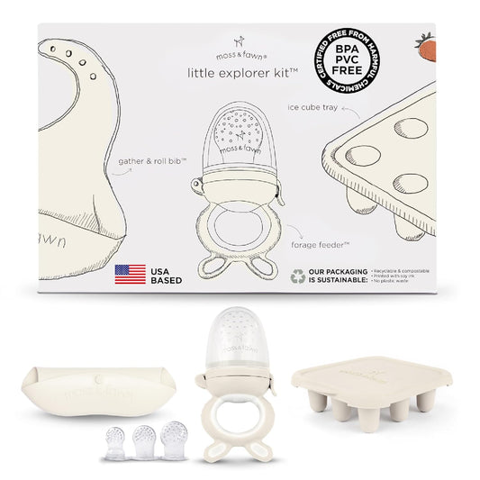 Moss and Fawn Little Explorer Kit - Silicone Frozen Breast Milk Popsicle Kit with Forage Feeder, Teething Popsicle Ice Cube Tray, & Gather & Roll Baby Feeding Bib - BPA, PVC, & Lead-Free - Ecru