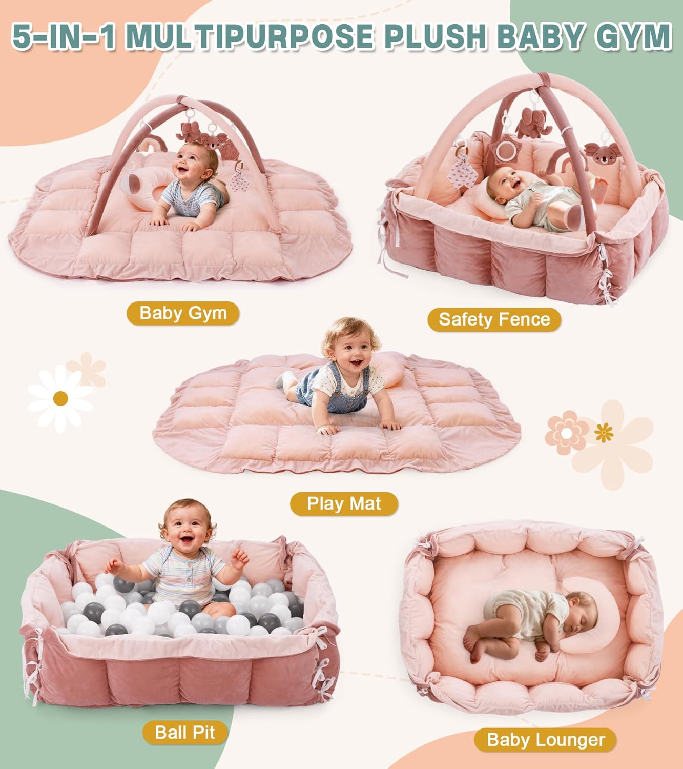 5-in-1 Baby Play Gym and Tummy Time Mat, Tummy Time Pillow & 12 Learning Cards, Plush Activity Mat with 6 Toys, Baby Gym, Convertible to Ball Pit & Pet Bed, Baby Gift, Pink