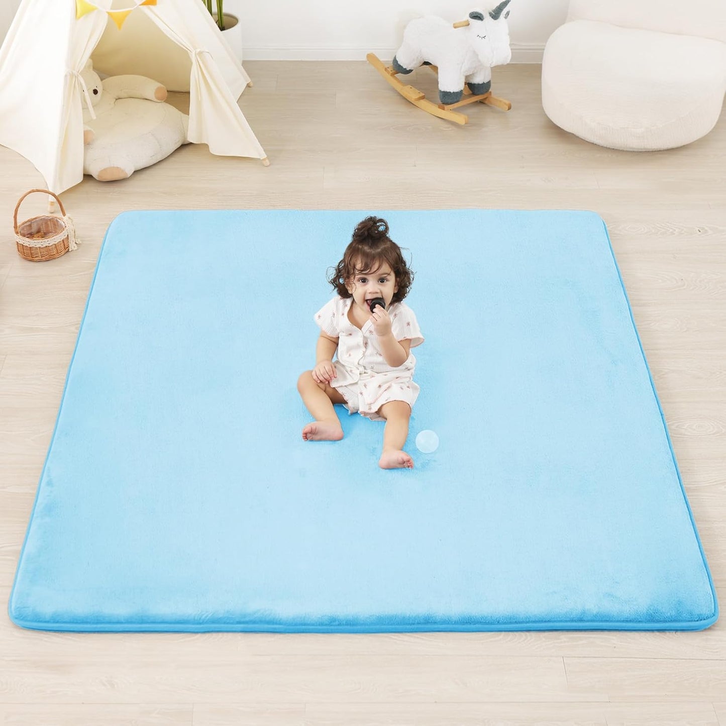 1.3" Thick Baby Floor Play Mat 50x50, Basic Padded Foam Mat for Tummy Time Crawling, Non Slip Cushioned for Babies Toddlers Infants Kids (Ice Blue)