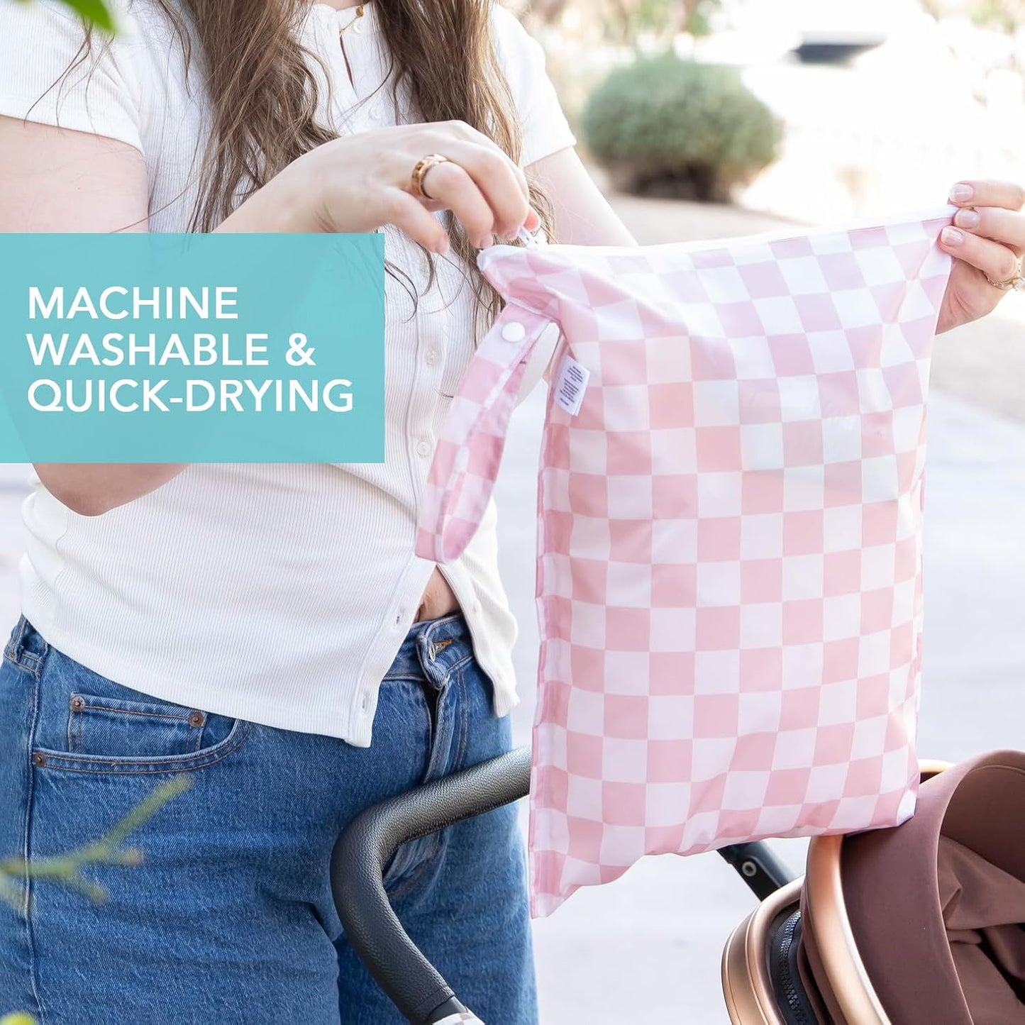 Bumkins - Larger Waterproof Wet Bag - For Baby, Travel, Swim Suit, Cloth Diapers, Pump Parts, Pool, Gym, Toiletry, Strap to Stroller - Reusable & Easy to Clean - 2pk - Beige & Pink Check