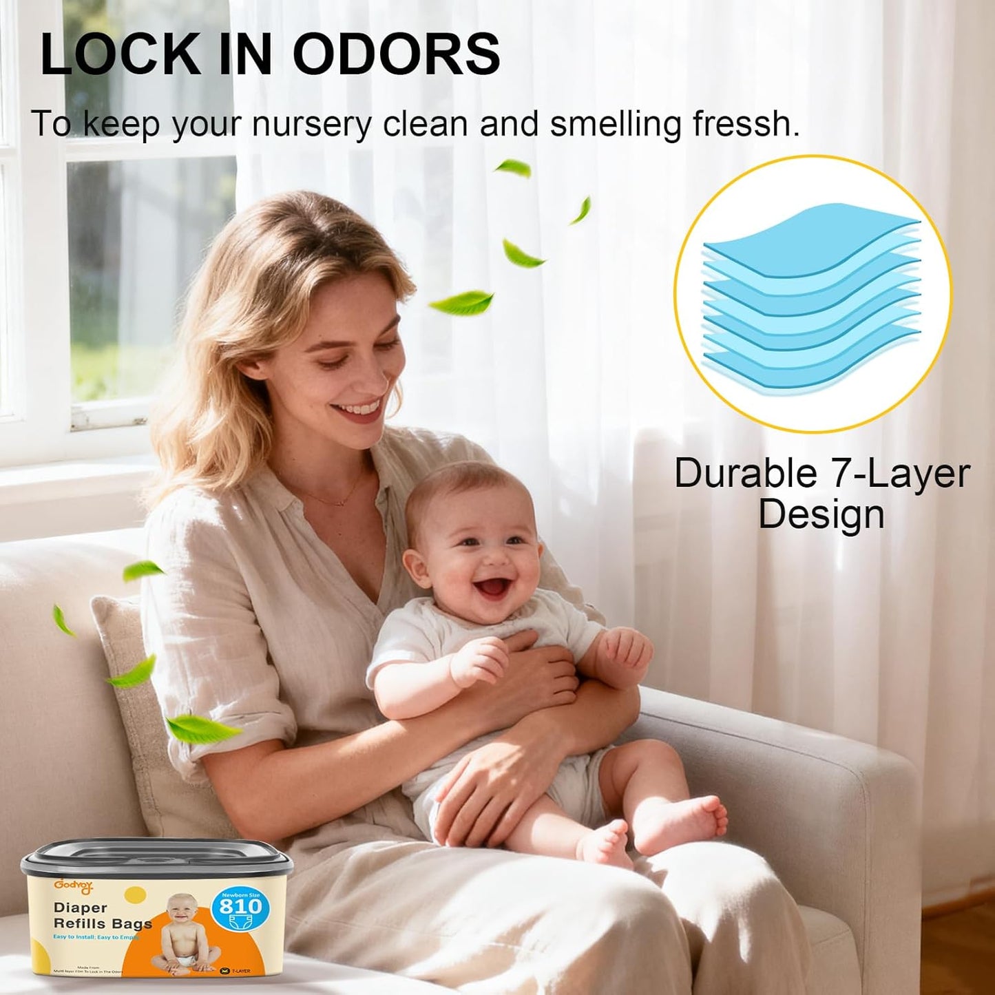 Jumbo Square Refill Compatible with Diaper Genie Classic,Compact and Select Pails,Odor Control & Durable,Holds Up to 810 Newborn Diapers,Plant Scented Disposal Bag Refills with Continuous Film（4 pack）