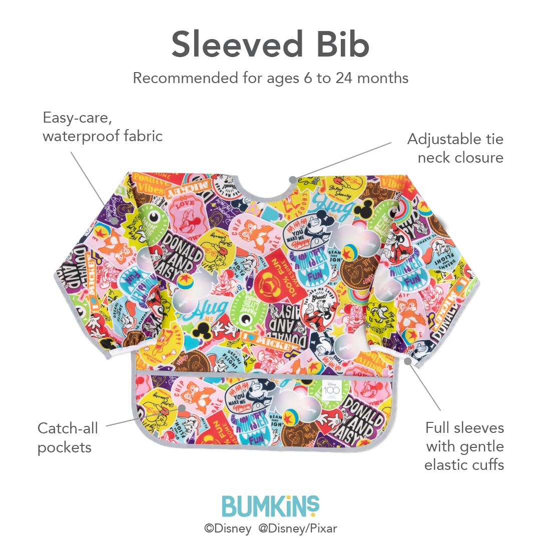 Bumkins Disney Sleeved Bib for Girl or Boy, Baby and Toddler for 6-24 Mos, Essential Must Have for Eating, Feeding, Baby Led Weaning Supplies, Long Sleeve Mess Saving, 100 Years of Fun