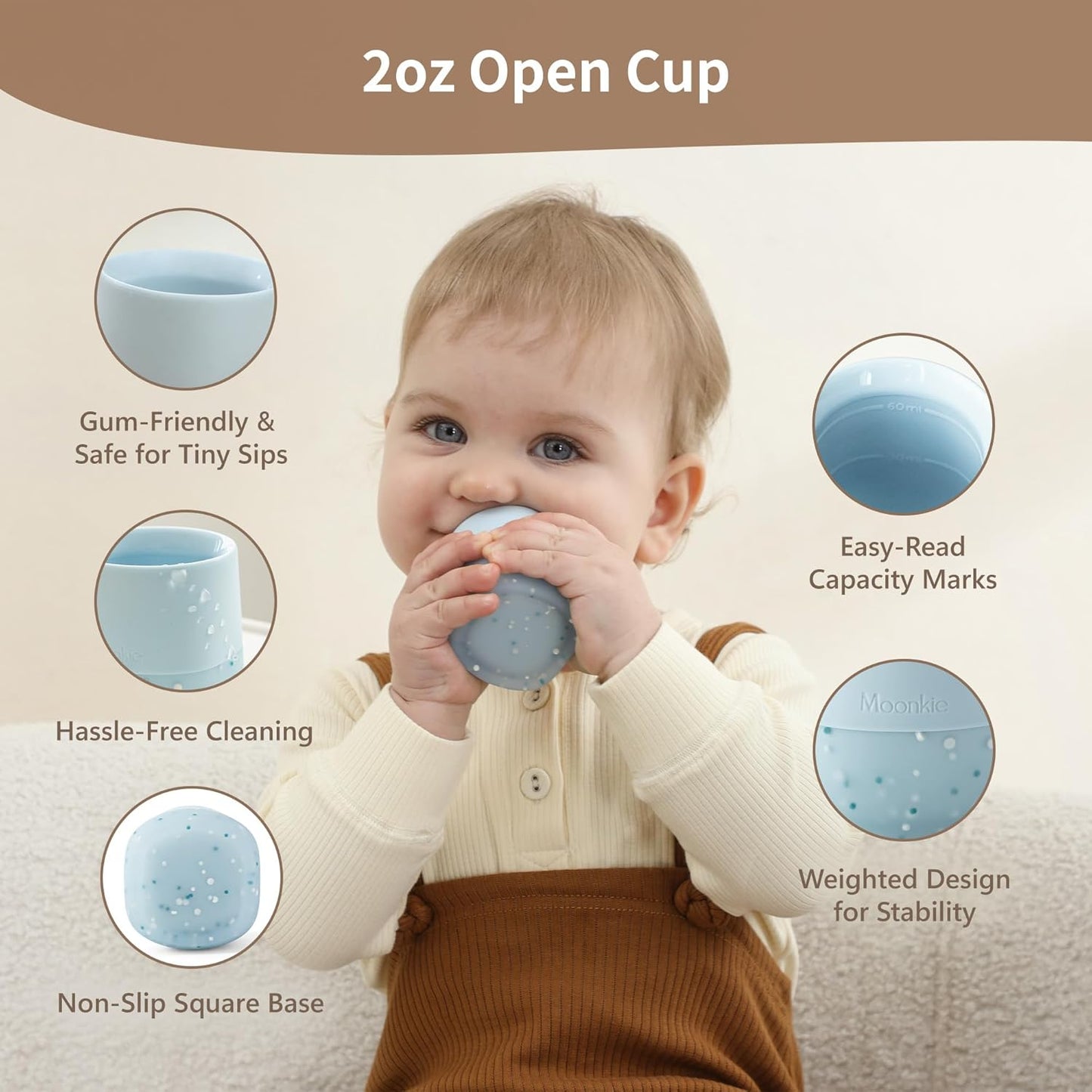 Moonkie Silicone Baby Cup 4 Months+ | Tiny Open Training Cup for Infants with Confetti Sprinkles | Baby-Led Weaning Essential | 2 oz (Ether, 1 Pack)