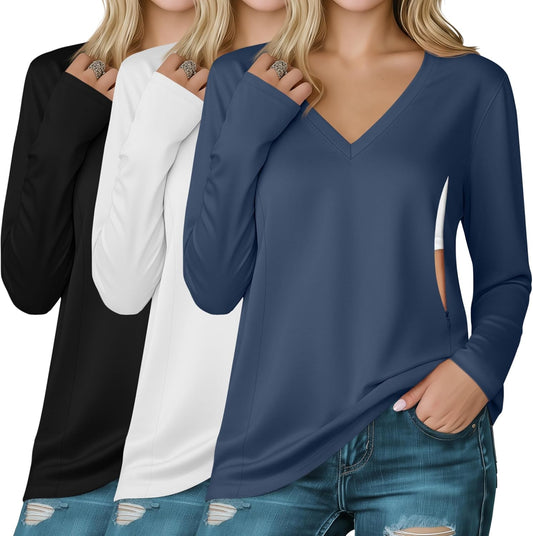 Huukeay 3 Pack Women's Long Sleeve Nursing Tops, Breastfeeding Hidden Zippers Shirts V Neck Maternity Pregnancy Tees Clothes