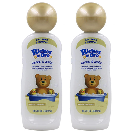Ricitos de Oro Baby Shampoo and Body Wash, Formula with Oats and Vanilla, Hypoallergenic, Tear-Free Body Wash and Shampoo, 2-Pack of 13.5 Fl Oz Each, 2 Bottles
