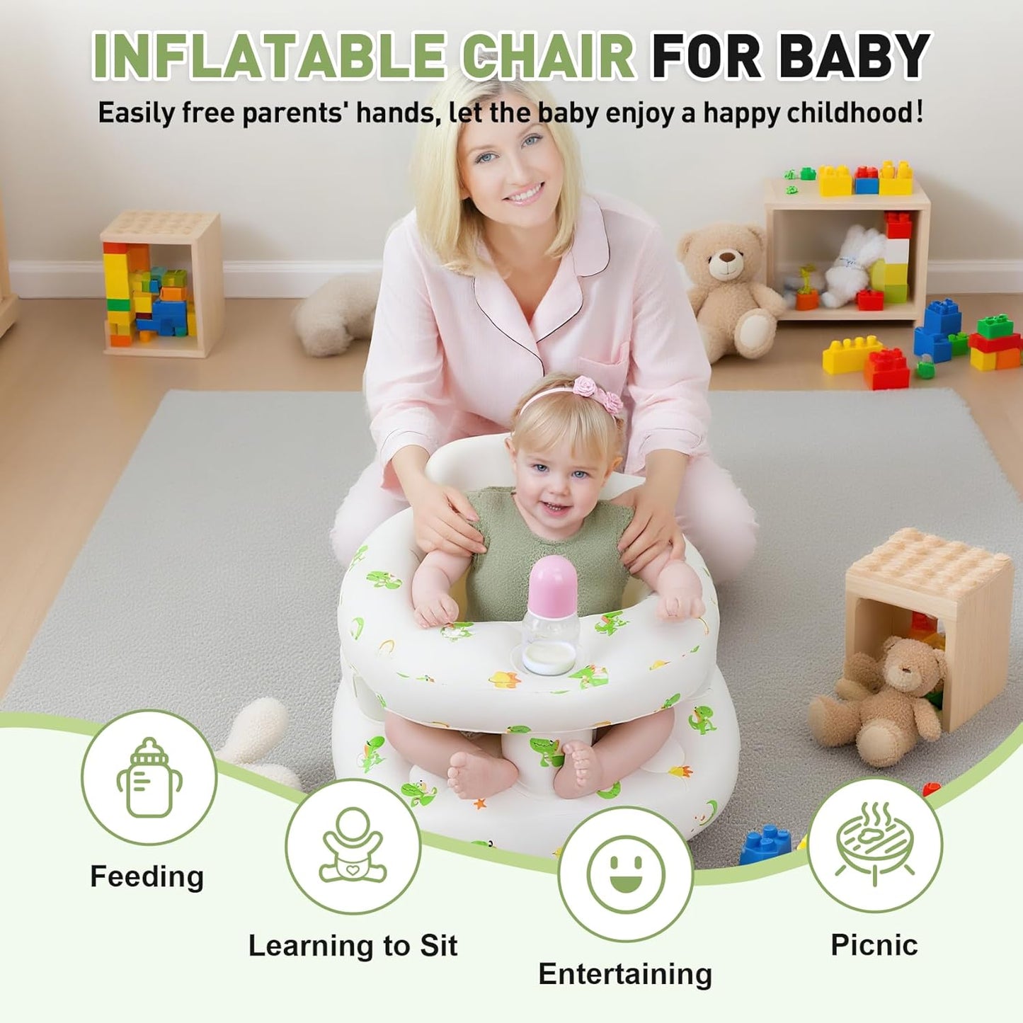 Inflatable Baby Seat for 3-36 Months Babies, Blow up Baby Chair with Built-in Air Pump, PVC Material, Full Enclosure Protection, Outdoor Travel Inflatable Chair for Infant, Green Dinosaur