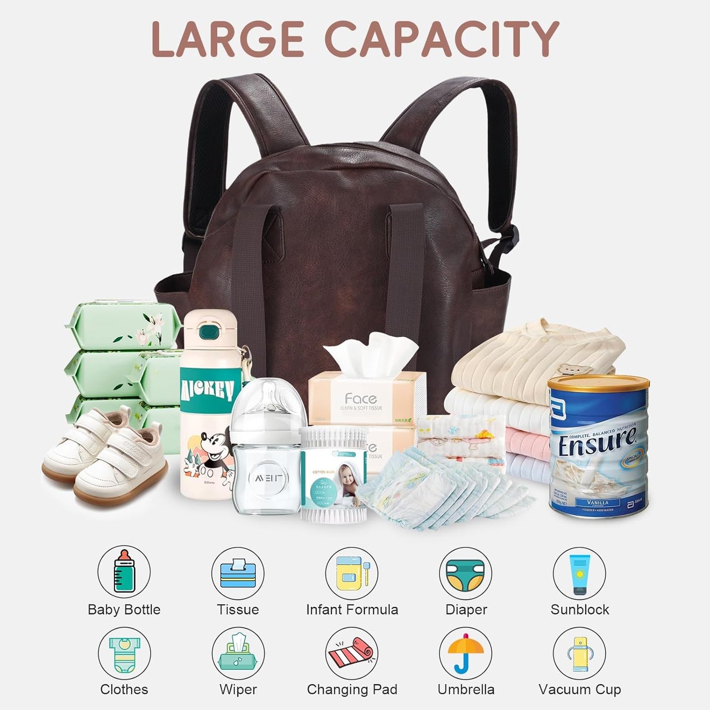 Stylish Diaper Bag Backpack, Leather Large Capacity Travel Baby Diaper Bag Tote for Mom Dad, Handbag shoulder bag, Waterproof, Lightweight Coffee