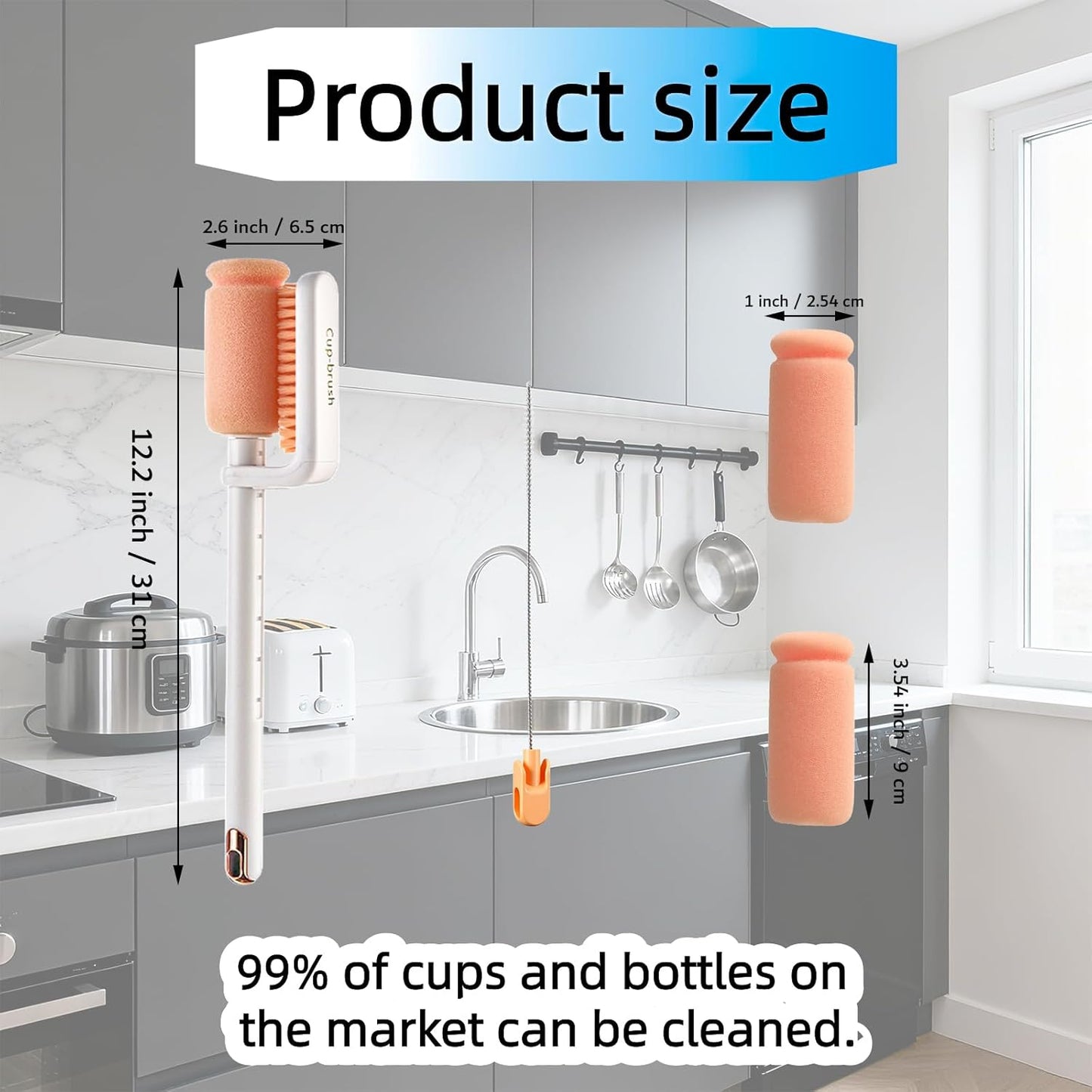 Bottle Brush Cleaner, 3-in-1 Water Bottle Cleaner Brush Straw Nipple Bottle Cleaner Brush Set Long Handle Bottle Cleaning Brush for Washing Tumblers, Sport Bottles, Cup Lid Cleaning Brush White