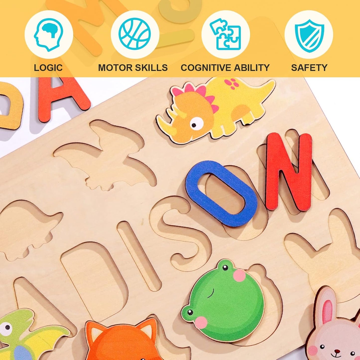 Personalized Name Puzzle for Kids, Custom Wooden Puzzles for Toddlers 1-3 Engraved Text on Back, Personalized Baby Gifts Educational Toys for 1 Year Old Girl Gifts for Birthday Baptism