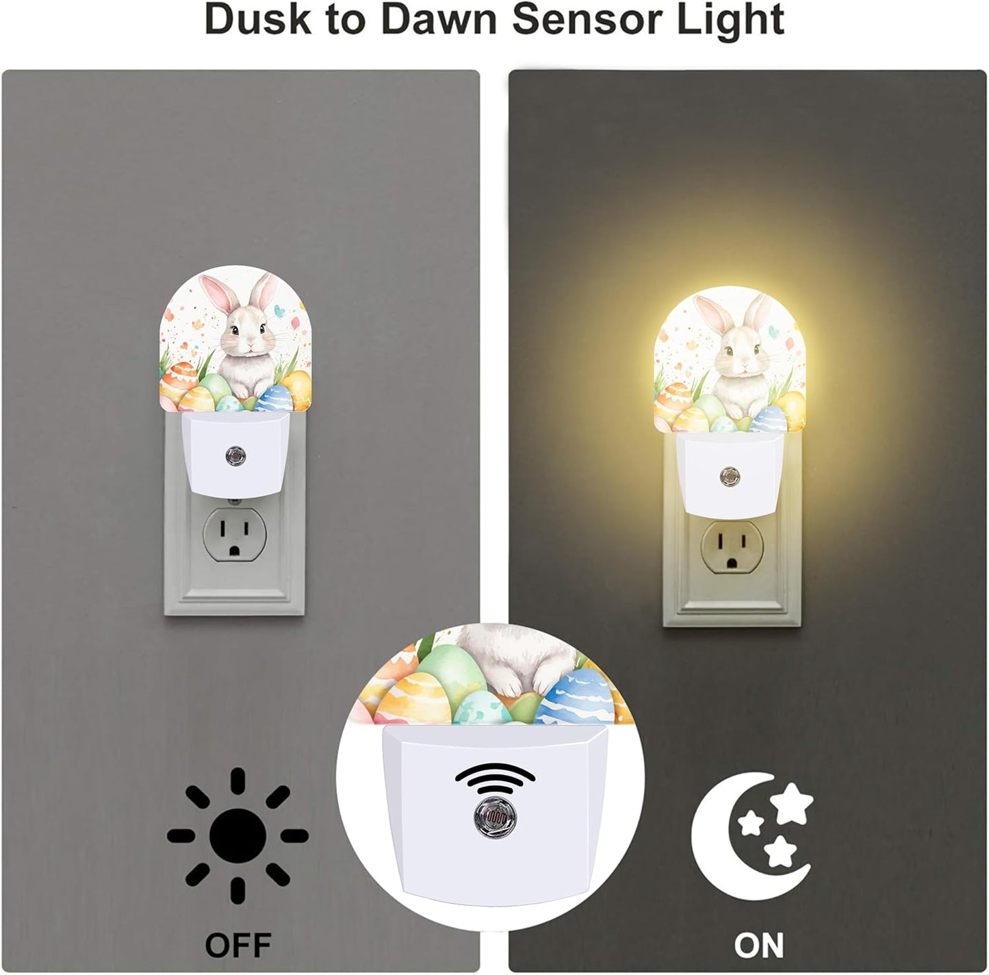 Easter Rabbit and Eggs Night Light Plug into Wall,Happy Easter Bunny Watercolor Floral Dusk to Dawn Night Light Plug in,0.5w Energy Saving Sleep Friendly NightLight for Kids Boys Girls Home Decor