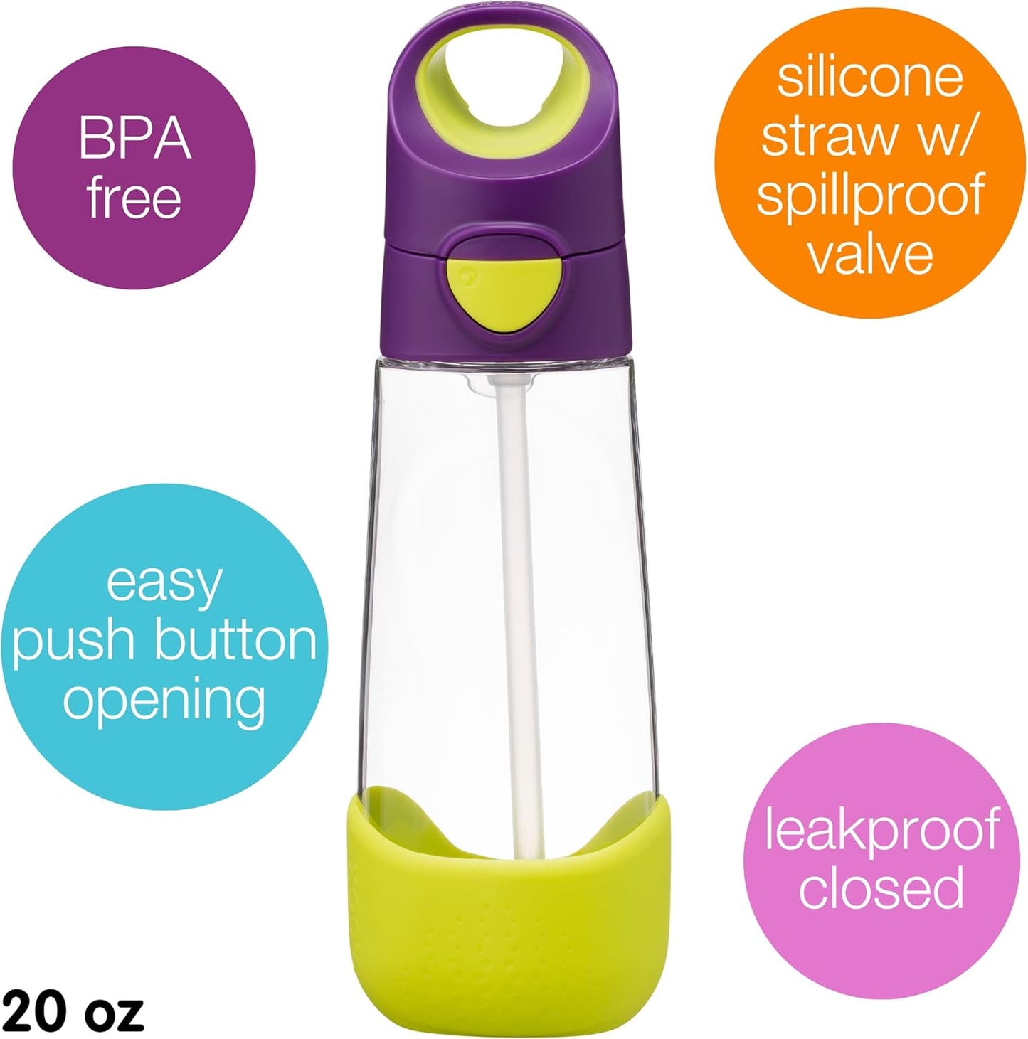 b.box Kids Water Bottle – 20oz Tritan Toddler Drink Bottle with Straw for School, Daycare, Travel w/Easy-Grip Triangular Design, Leak Proof Lid & Handle, BPA Free, Dishwasher Safe (Passion Splash)
