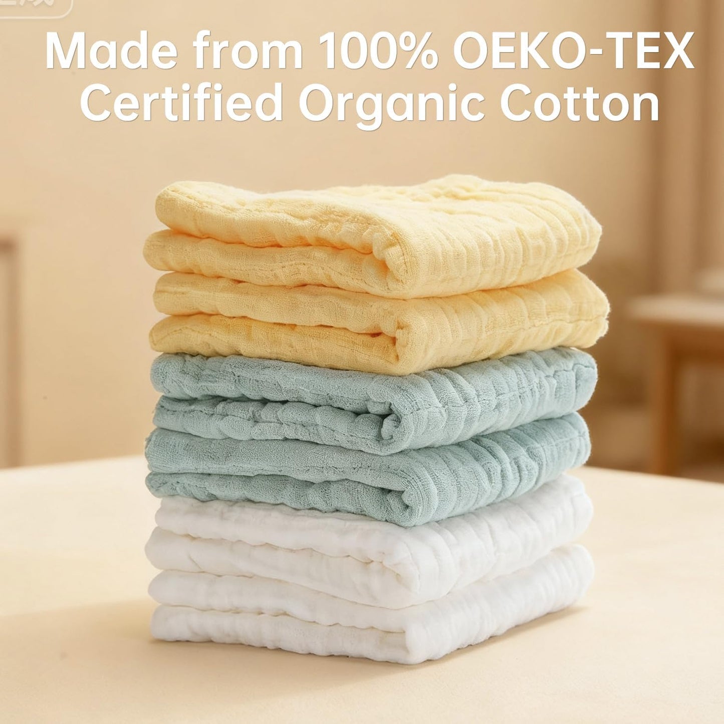 Organic Muslin Baby Washcloths 6 Pack Baby Bath Face Towel 12x12 Inch Extra Absorbent and Soft Burp Cloth and Wash Cloths for Newborn-Infants On Sensitive Skin (White Green Yellow)