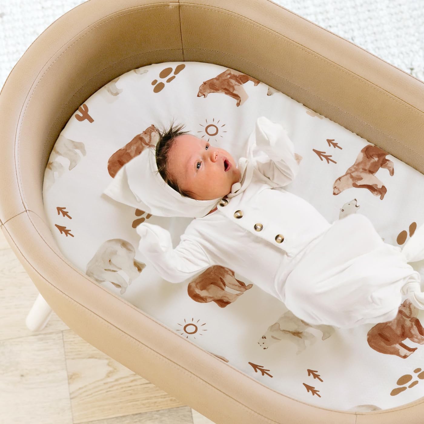 Stretch Ultra Soft Fitted Bassinet Sheet Set 2 Pack, Universal Fit for Bassinets Baby Cradle Moses Basket Oval Rectangle Mattress Safe and Snug, Stylish Bassinet Sheets of Sunny Bear Print