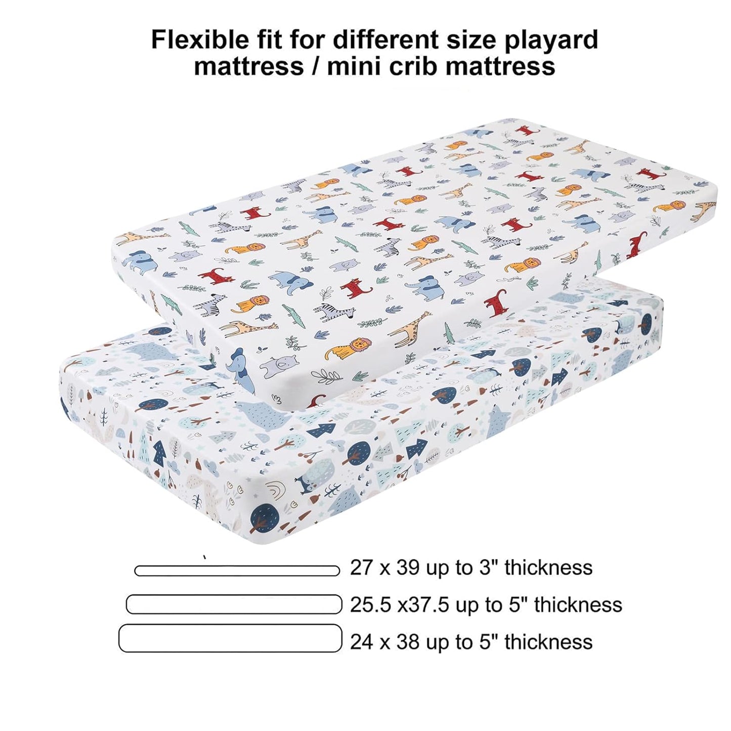 Onacosht Pack and Play Sheets 3 Pack for Baby Boy, Stretchy Jersey Knitted Portable Mini Crib Sheets Playard Mattress Cover, Woodland Animal Elephant Fox Lion Bear Giraffe Zebra Printing