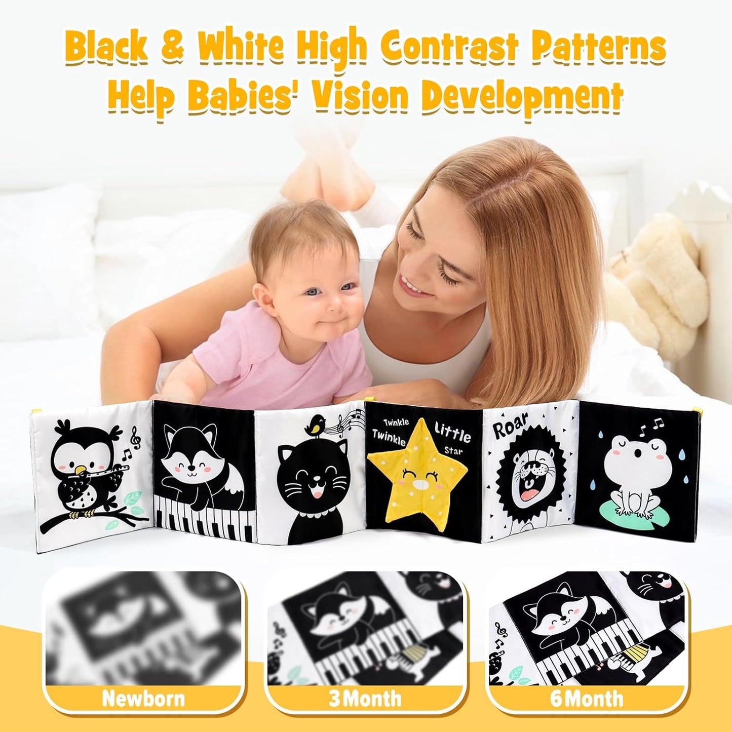 OKOOKO Black and White High Contrast Baby Book 0-6 Months Baby Soft Book Tummy Time Toy Crib Stroller Toy Montessori Sensory Toy Early Education Months Newborn Infant for 0+