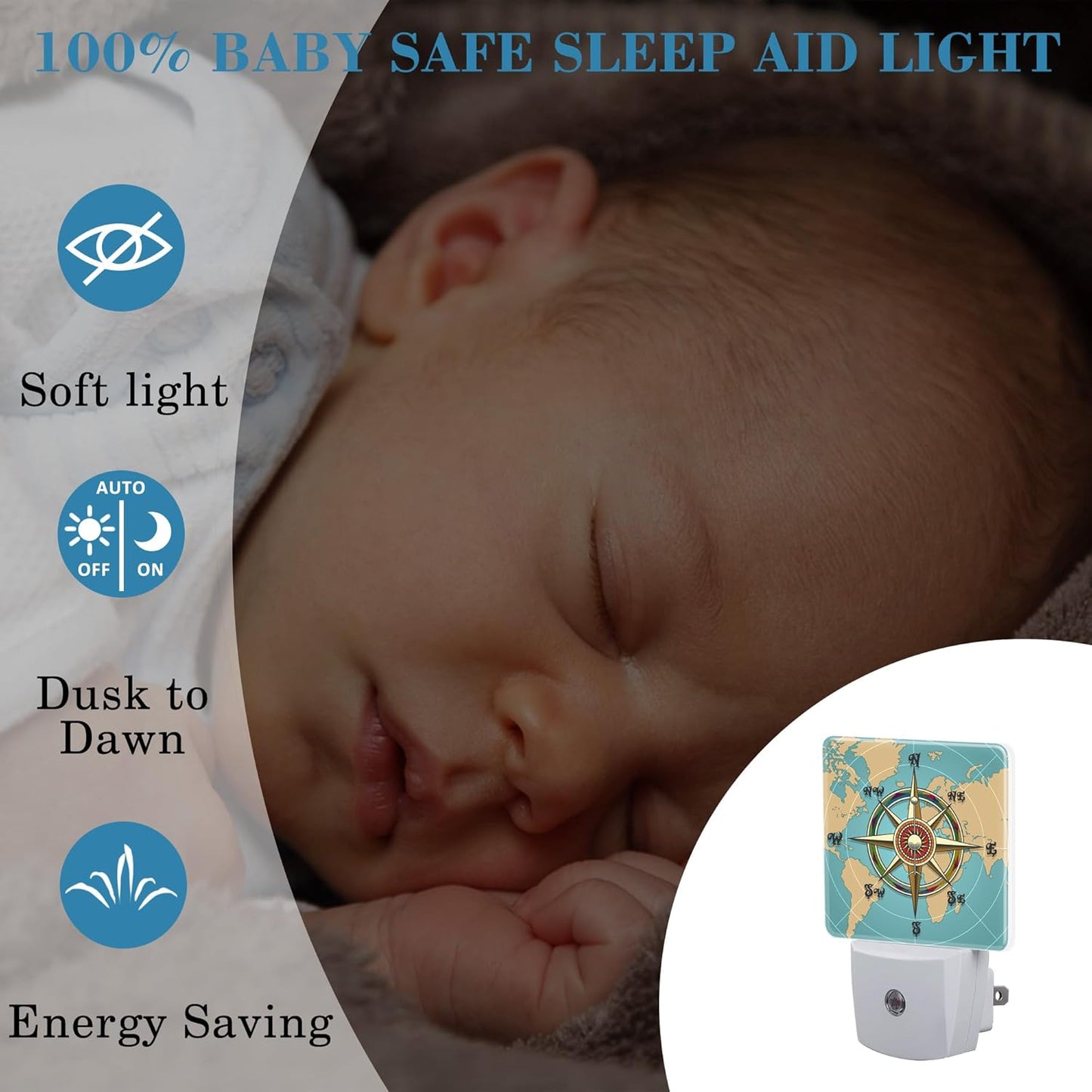 Plug in Night Lights Classic Vintage Nautical Wind Compass Night Light with Dusk to Dawn Sensor Night Light for Kid Girls Boys Women Room Decor, Hallway, Kitchen, Bathroom, Nursery, Stairs