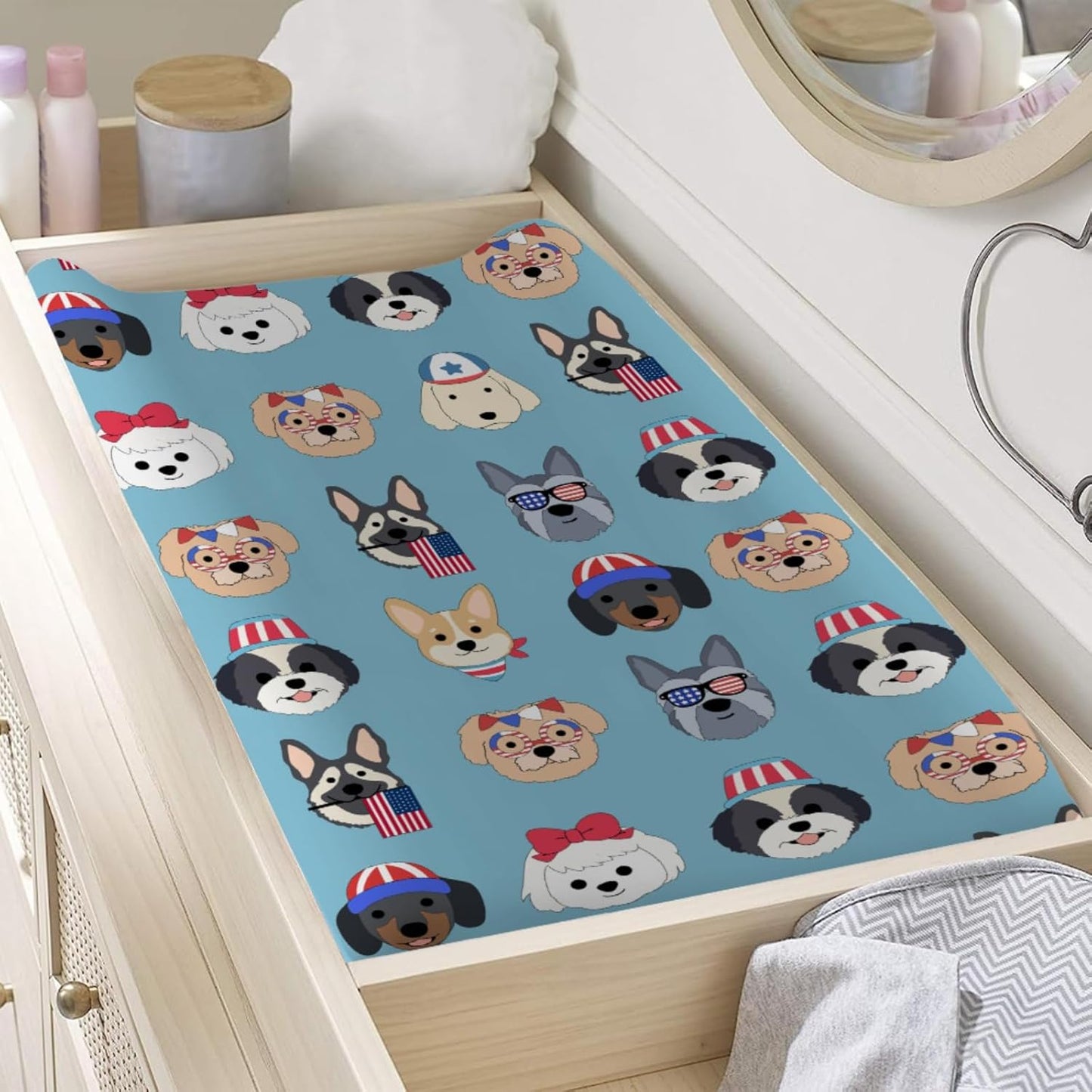 Cute Patriotic Dogs Baby Changing Pad Covers for Boy Girl 32''x16'' 4th of July Puppies Flags Fitted Diaper Change Table Pad Sheets Dogs Lovers Gift Soft Breathable Nursery Baby Changing Table Mats