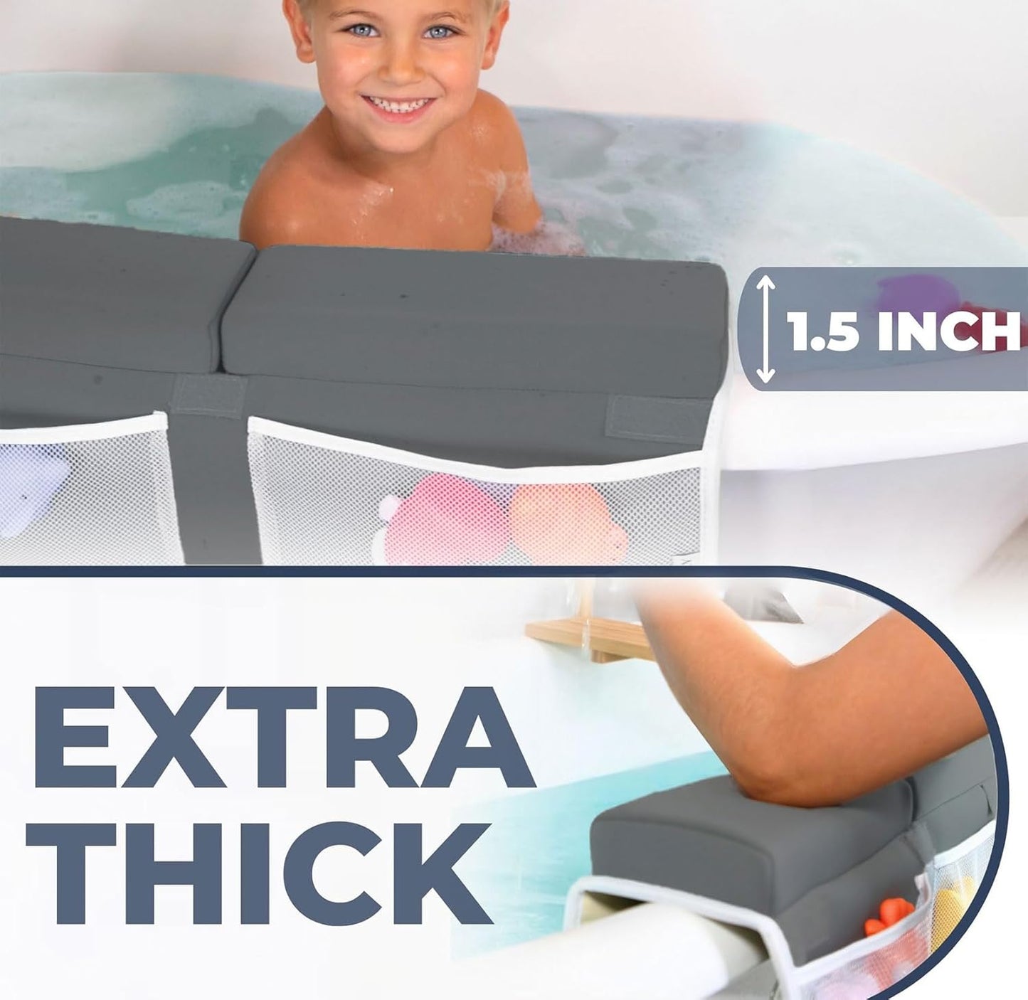 Comfortable Baby Bath Kneeler and Elbow Rest Pad Set – Thick Memory Foam Bath Kneeling Pad with Elbow Support – Baby Bathtub Cushion with Toy Organizer for Bathing Infant or Toddler - Dark Grey