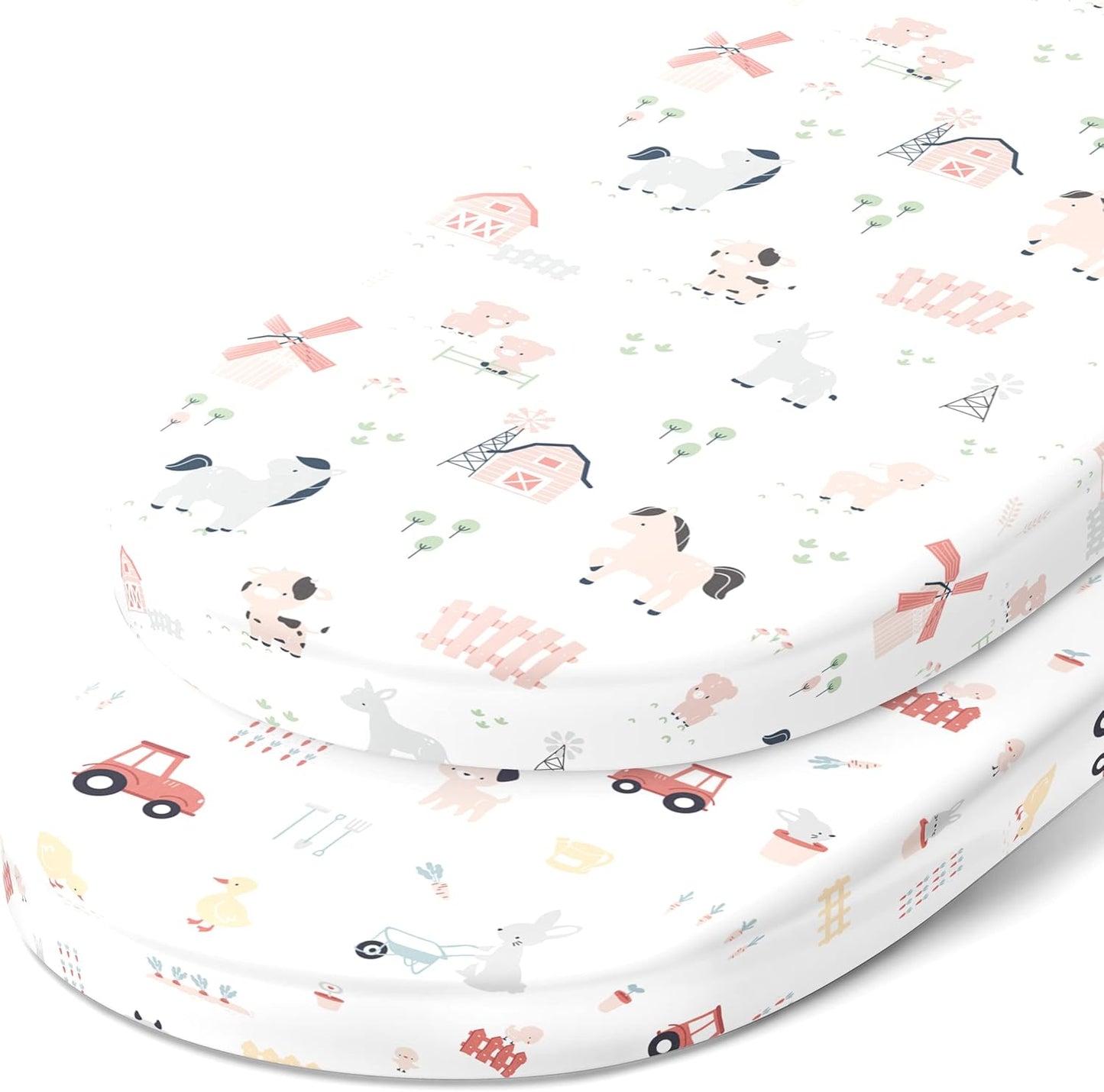 Bassinet Fitted Sheets for Delta Children and Simmons Kids Bassinet - Fits 16 x 32 Inch Oval Bassinet Mattress Pad – Snuggly Soft 100% Jersey Cotton – Farm Animals – 2 Pack