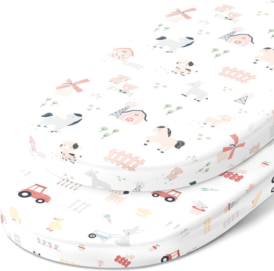 Bassinet Fitted Sheets Compatible with SNOO Happiest Baby Oval Bassinet – Snuggly Soft 100% Jersey Cotton – Farm Animals – 2 Pack